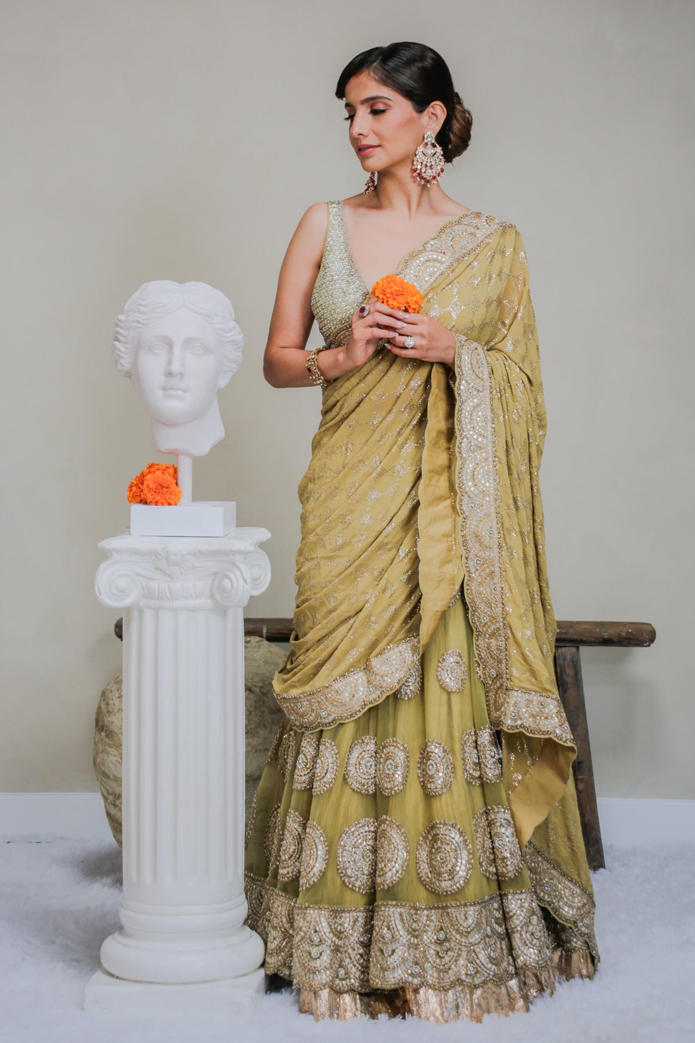 Green Crushed Net Lehenga Saree Set