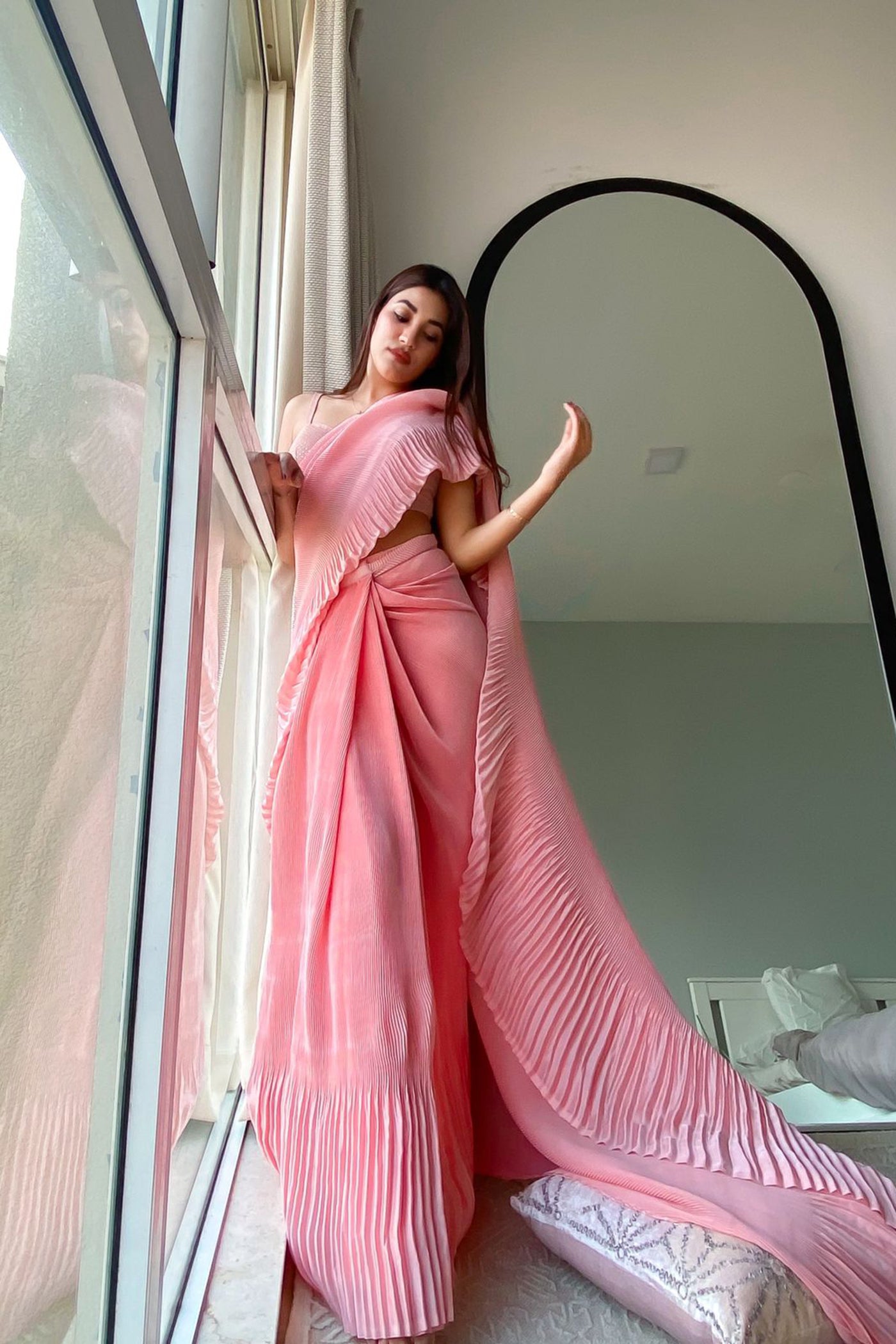 Light Pink Pleated Italian Silk Pre-Stitched Saree