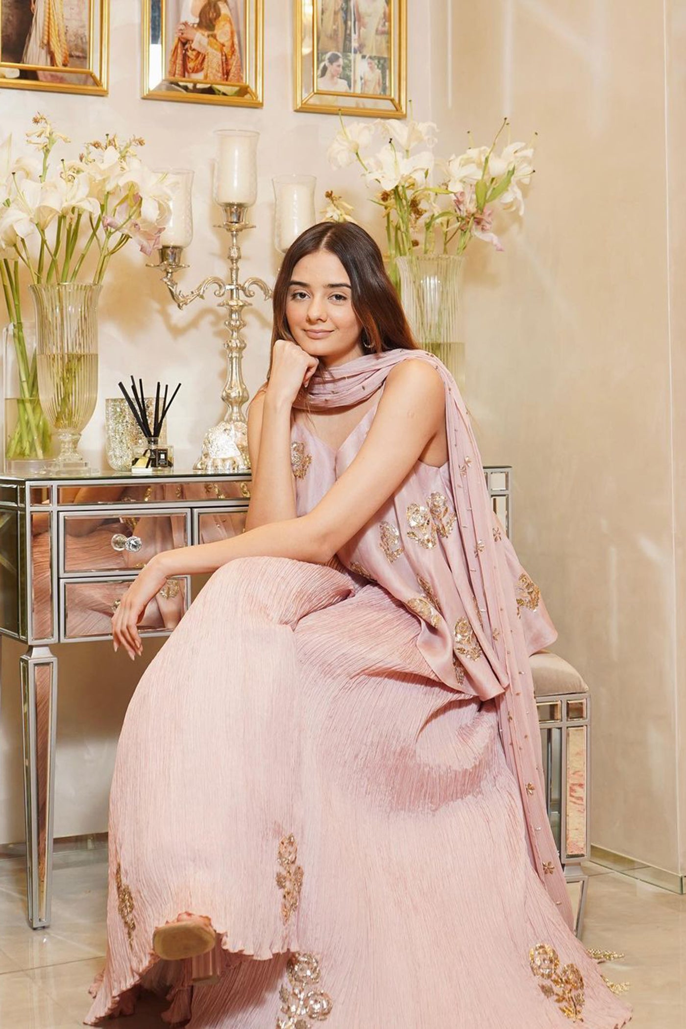 Lavender Embroidered Peplum sharara Set