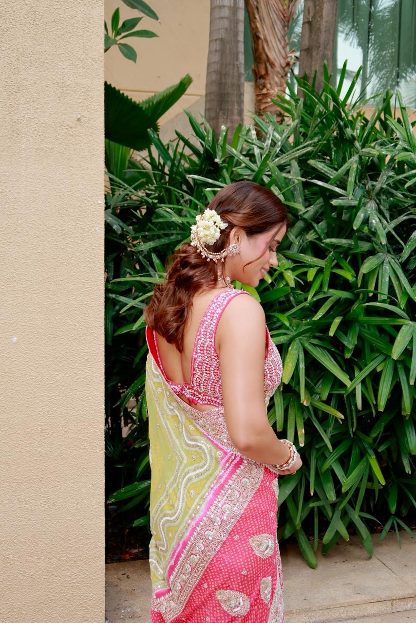 RIYA BHANSALI IN GREEN & PINK GEORGETTE SAREE SET