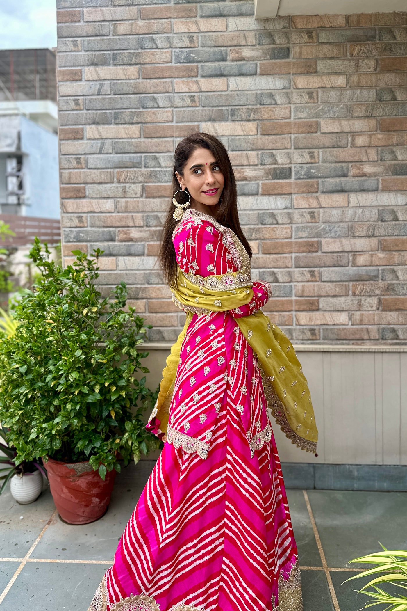 Red And Pink Silk Leheriya Sharara Set With Mustard Green Organza Dupatta