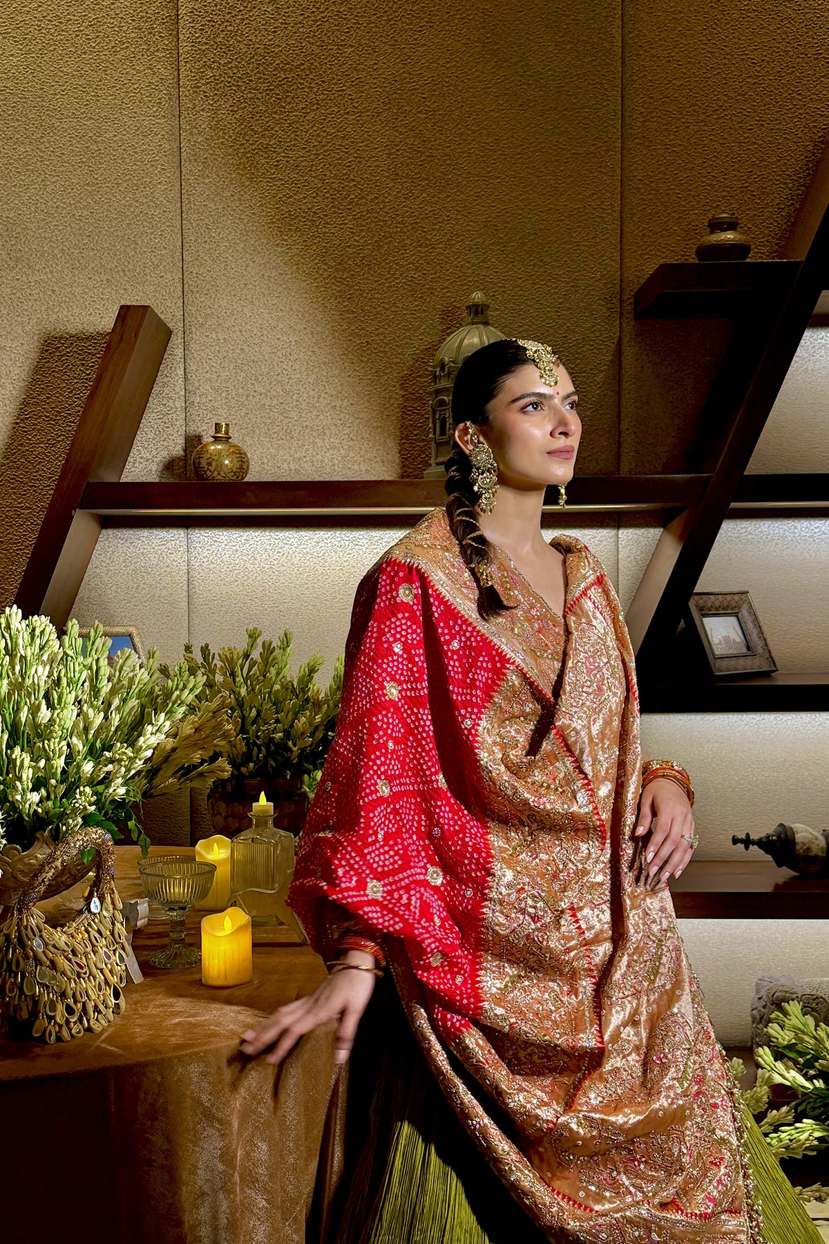 Seher Kochar In Mehndi Noor Lehenga with Red Paithani Bandhani Dupatta