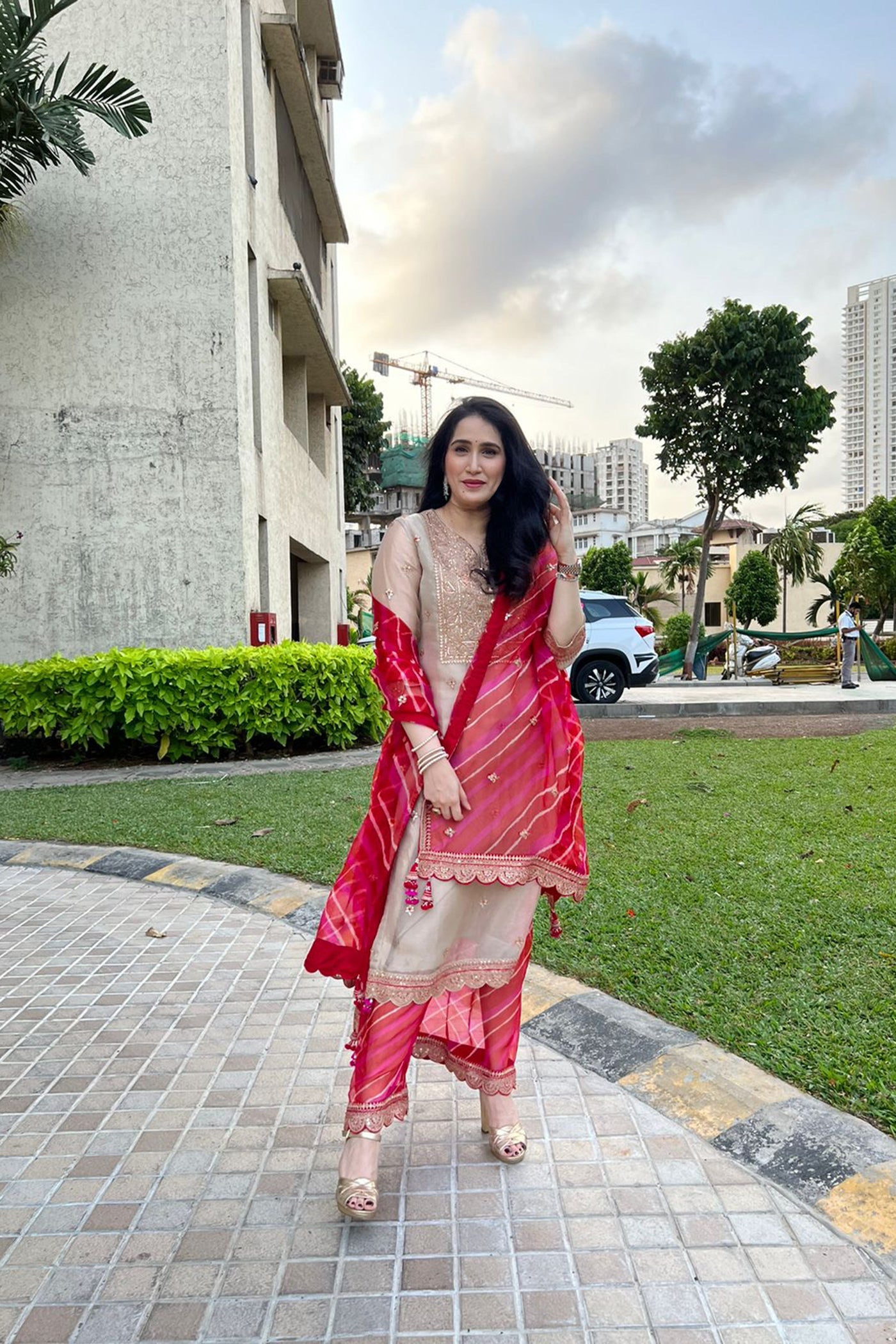 golden Embroidered Kurta Set with Red-Pink leheriya Dupatta