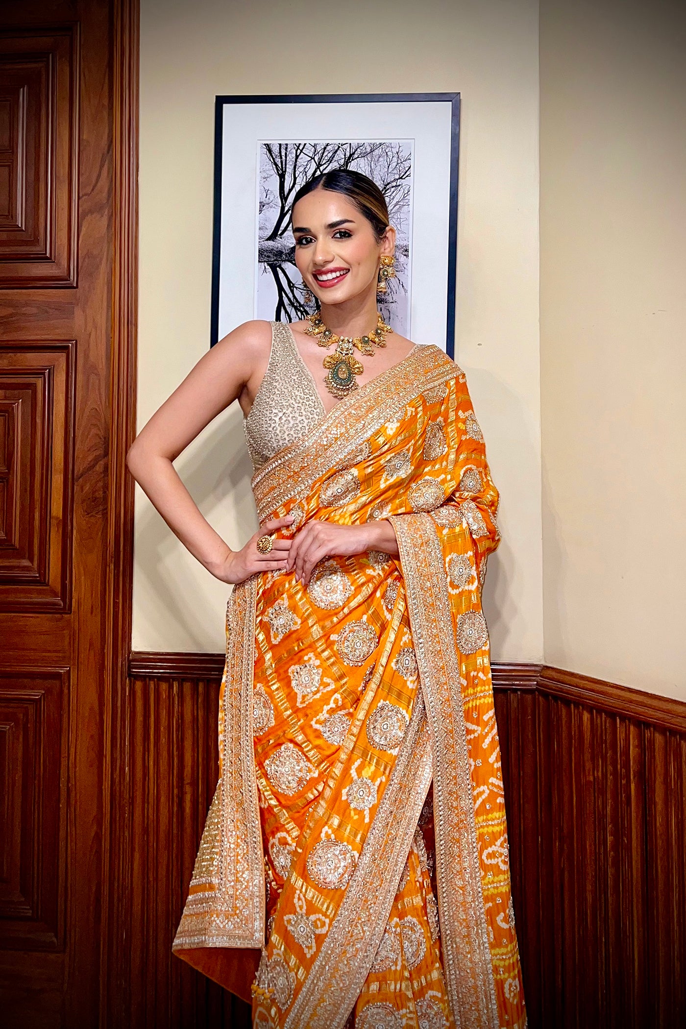 Orange Gharchola Embroidered Saree Set