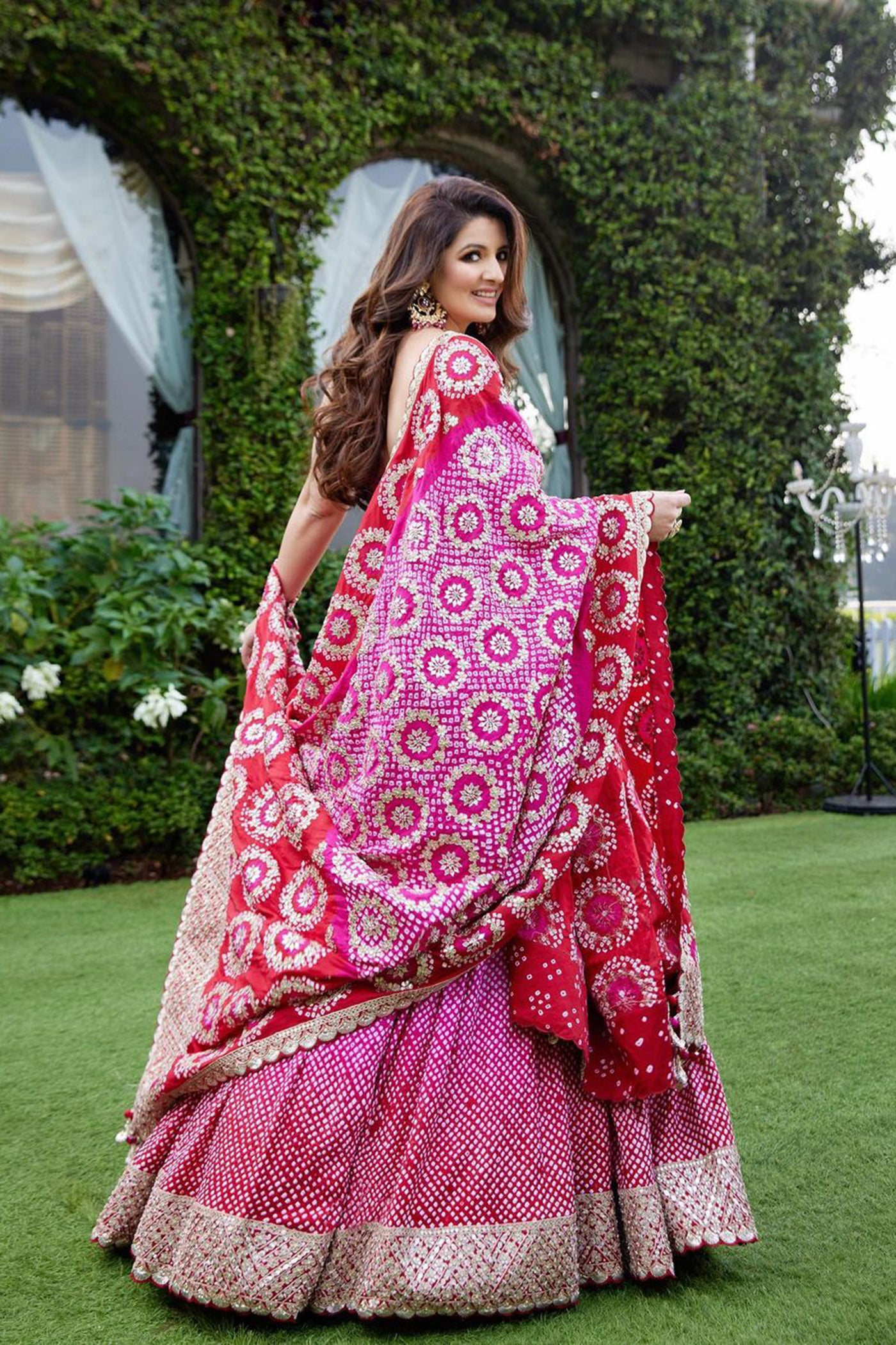 Red -Pink Bandhani Gota Embroidered Lehenga Set