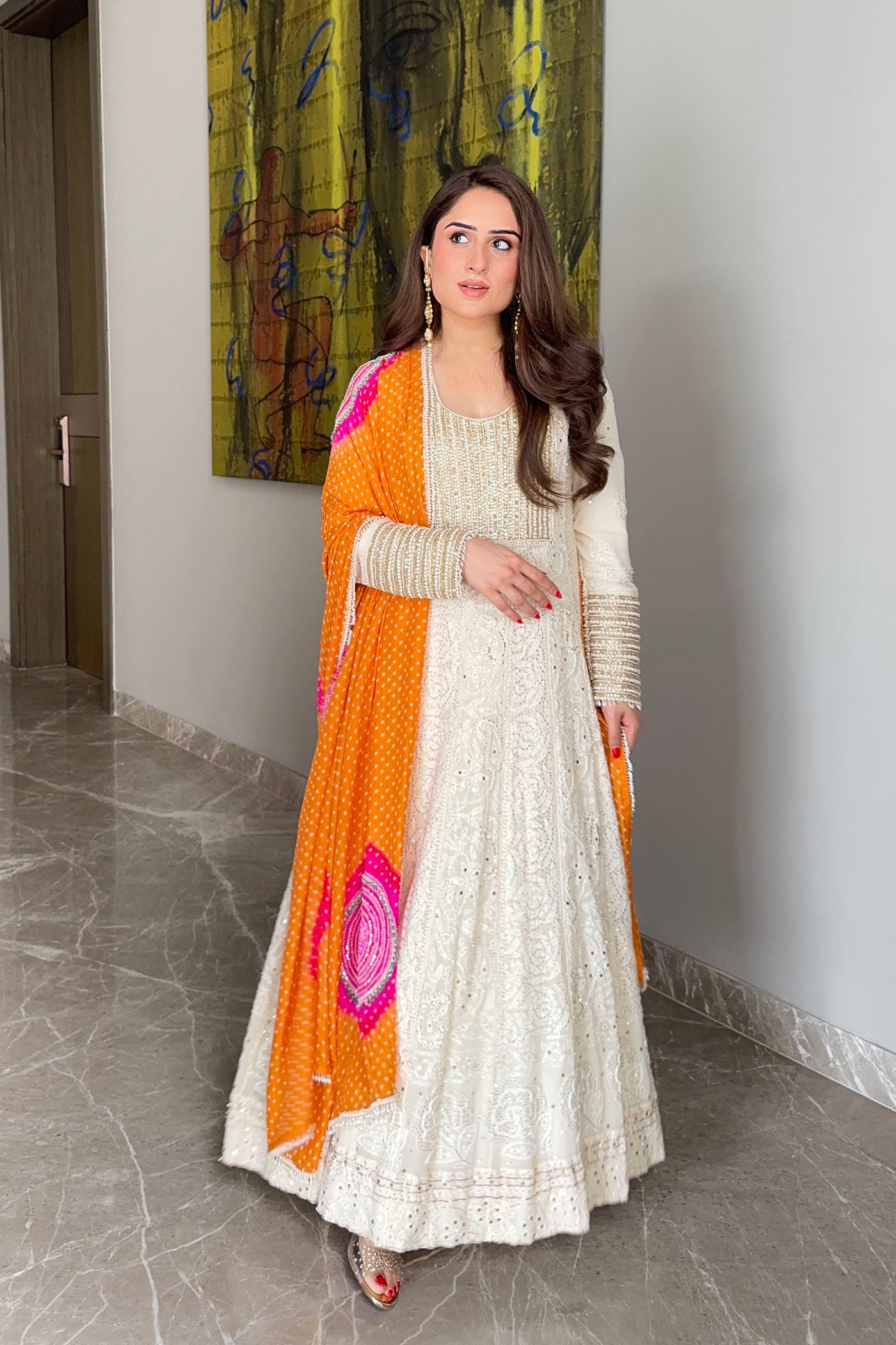 Ivory Chikankari Mukaish Anarkali Set With Orange Bandhani Dupatta