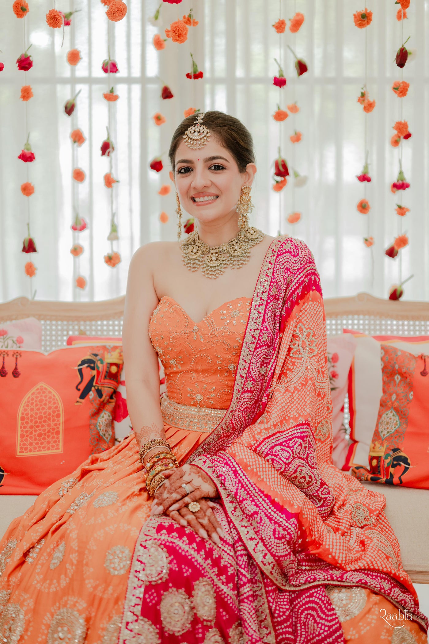 Orange Circle Bandhani Butta Work Gajji Silk Lehenga Set