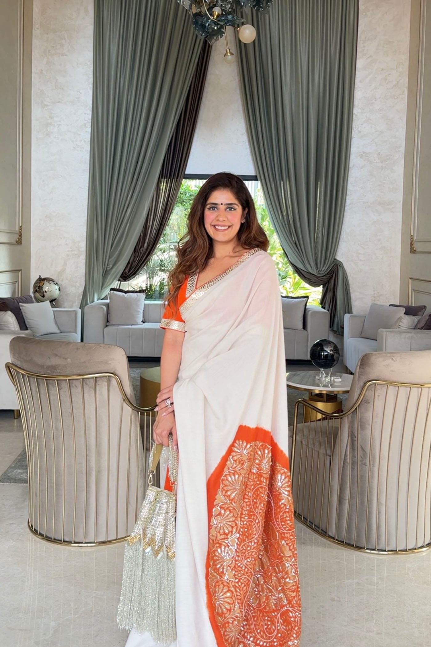 Beige And Orange Saree