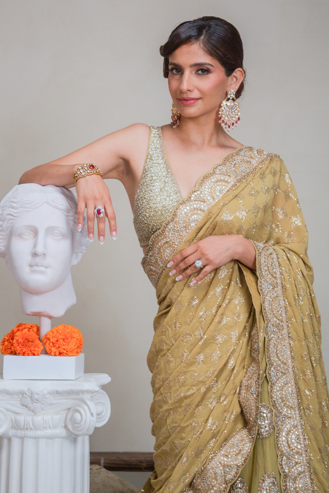 Green Crushed Net Lehenga Saree Set