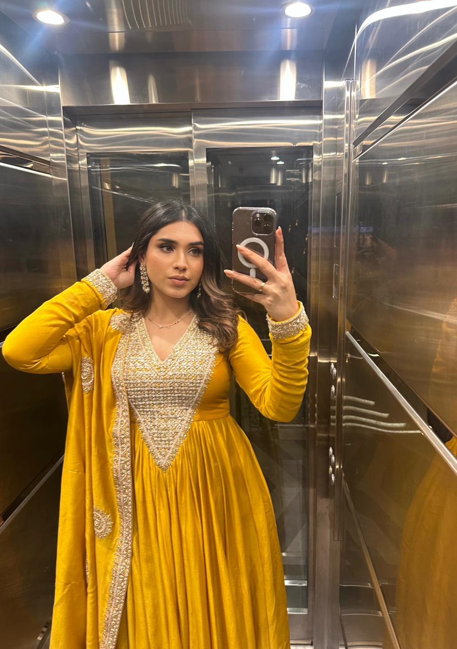 ASNA OBEROI In Yellow chanderi silk anarkali set