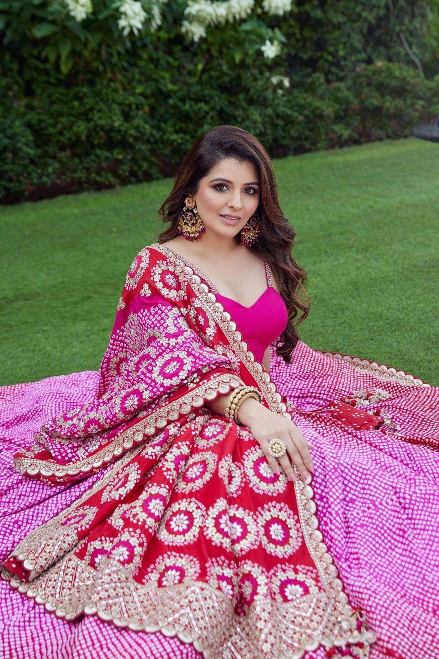 Red -Pink Bandhani Gota Embroidered Lehenga Set