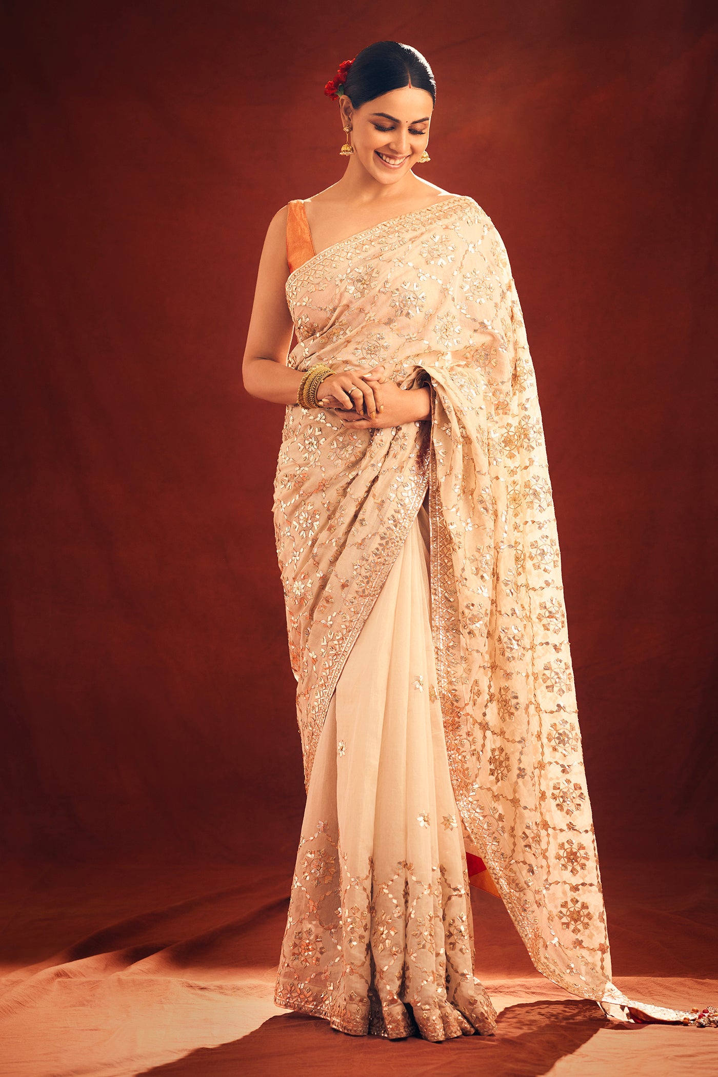 Beige Embroidered Saree Set
