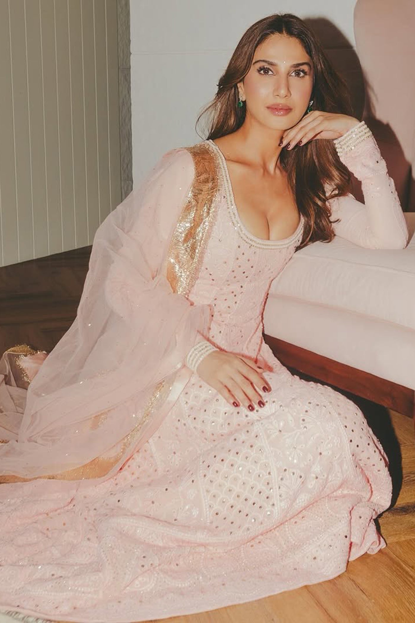 Blush Pink Chikan anarkali Set with net mukaish Dupatta