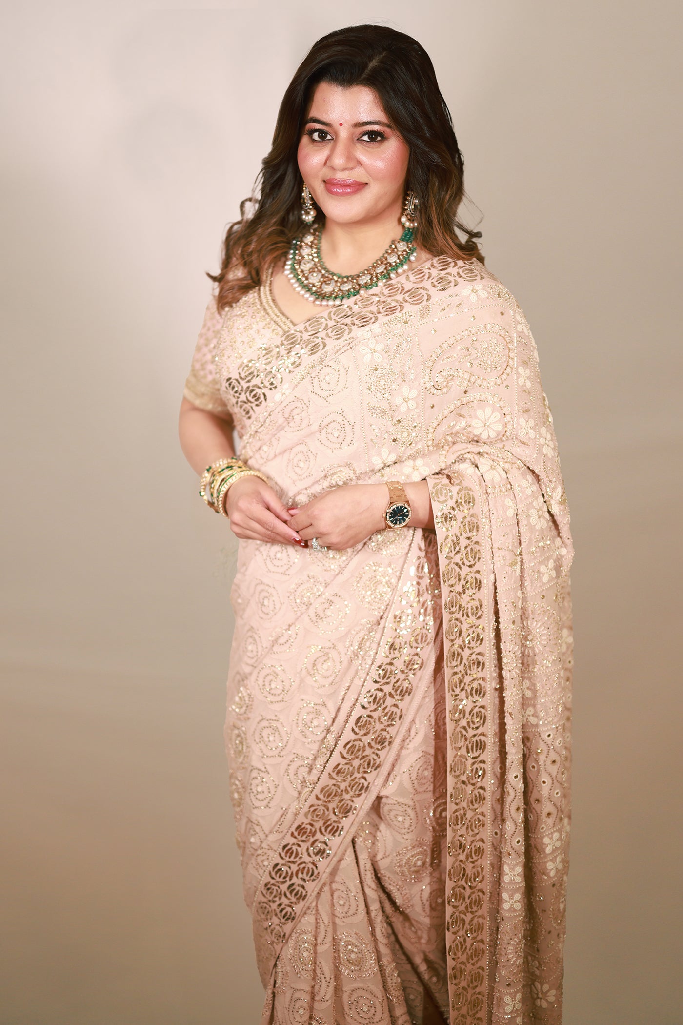 IVORY PINK OMBRE GEORGETTE CHIKANKARI SAREE SET