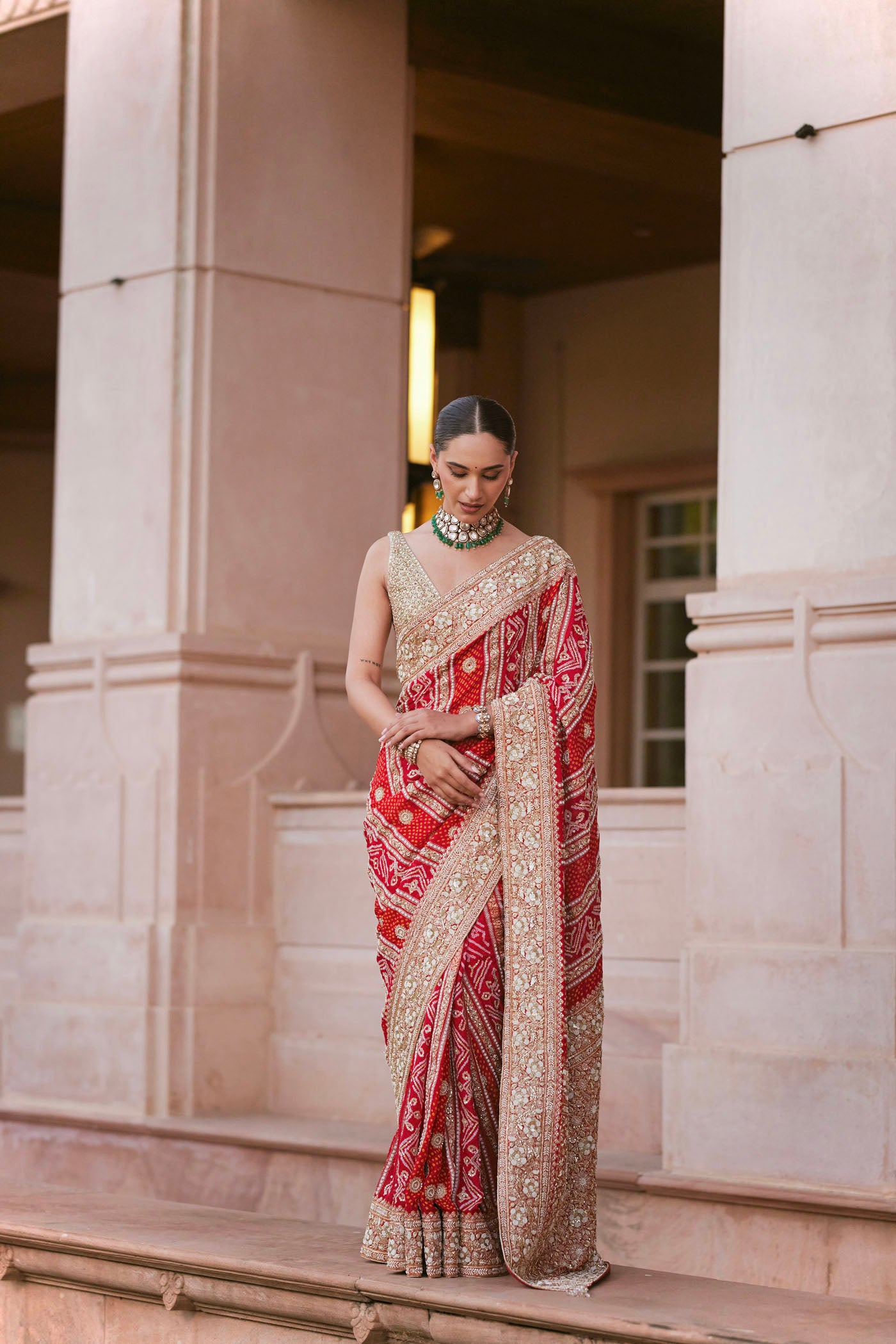Red Bandhni saree set