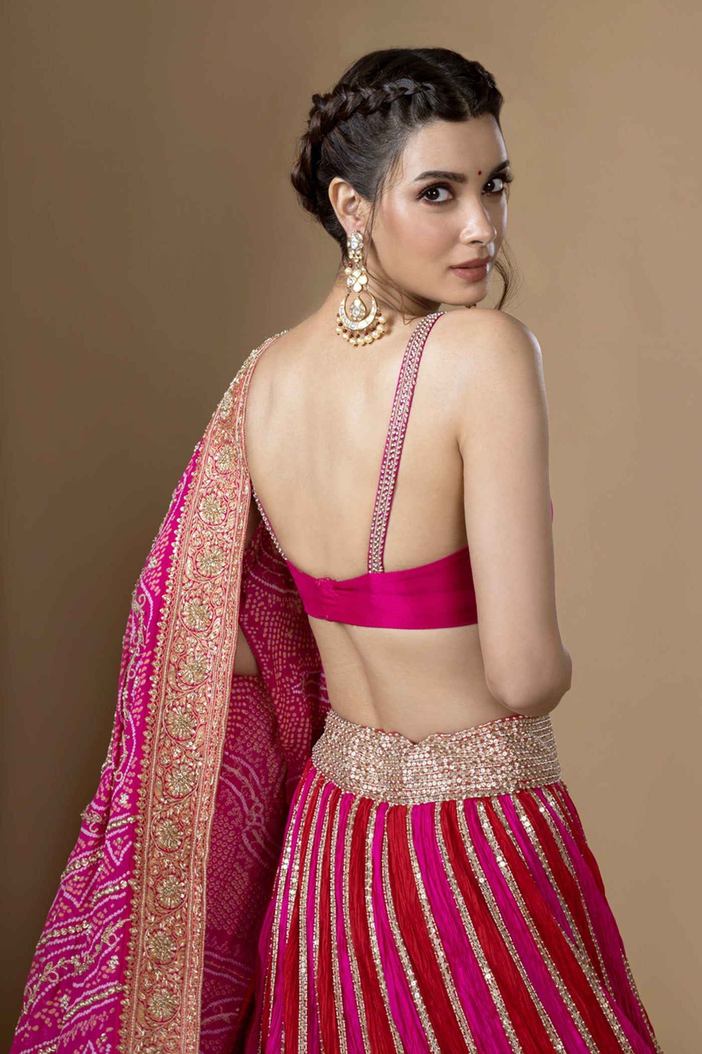 Red & Pink Crushed Lehenga Set