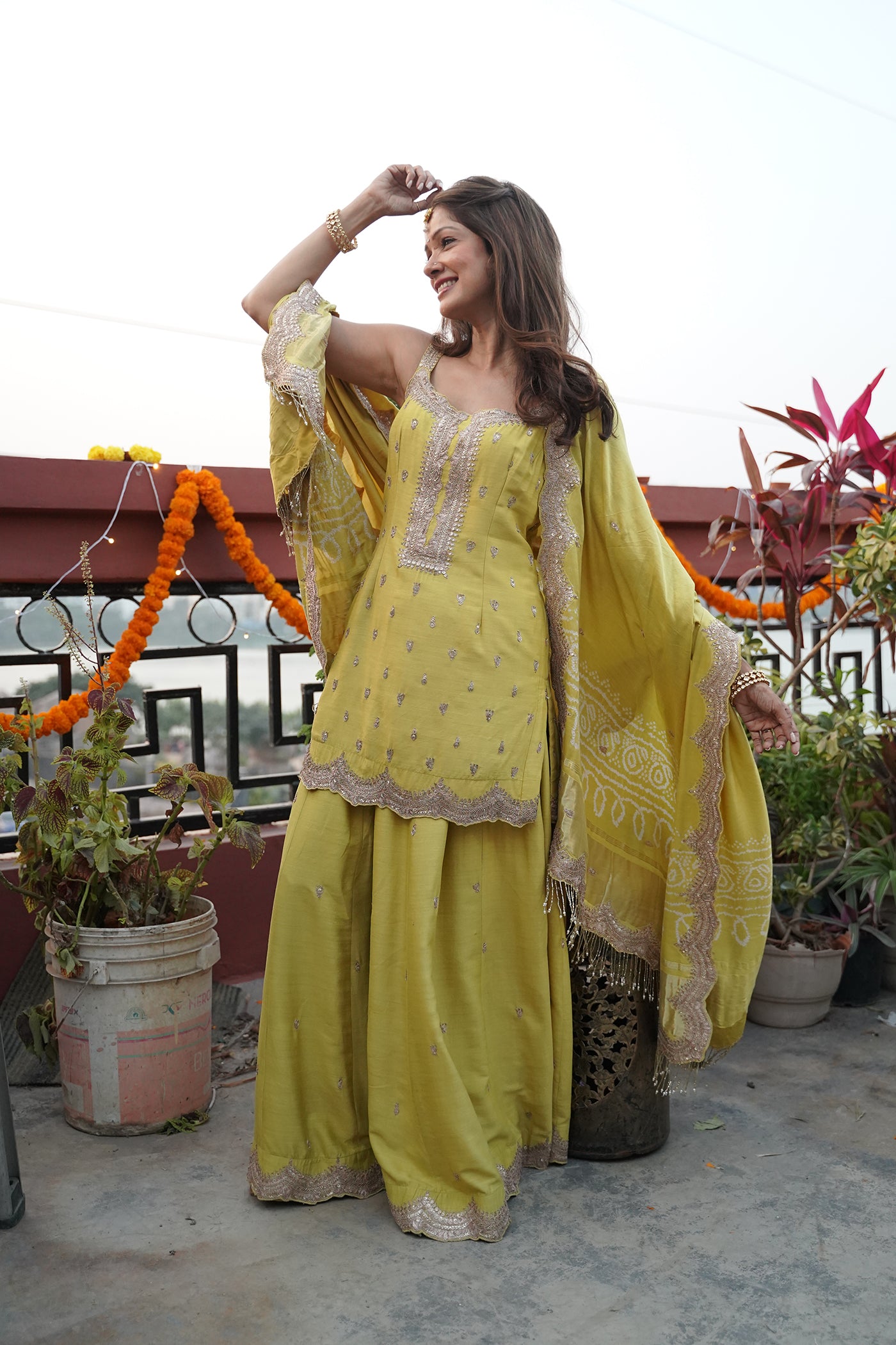 GREEN TUSER SILK MARODI GOTA WORK SHARARA SET