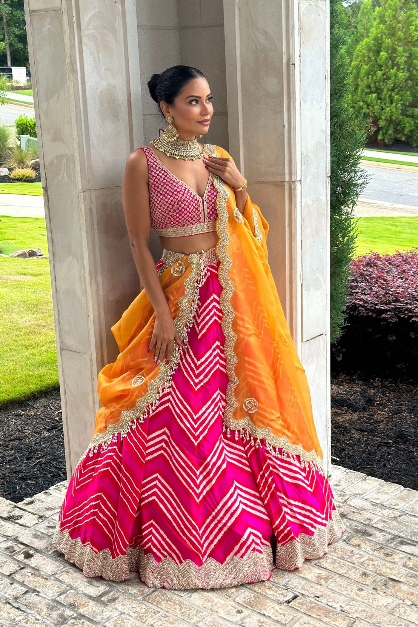Leheriya Lehenga With Orange Organza Dupatta Set