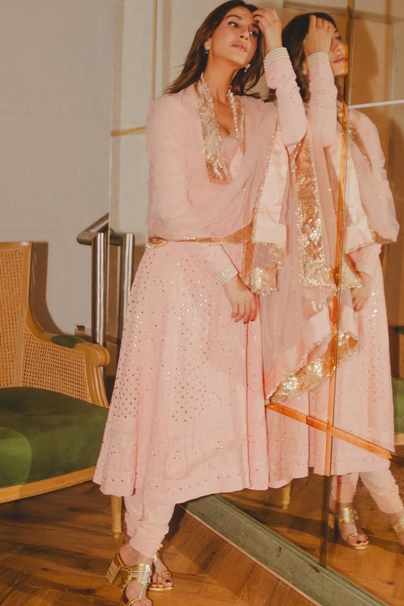 Blush Pink Chikan anarkali Set with net mukaish Dupatta