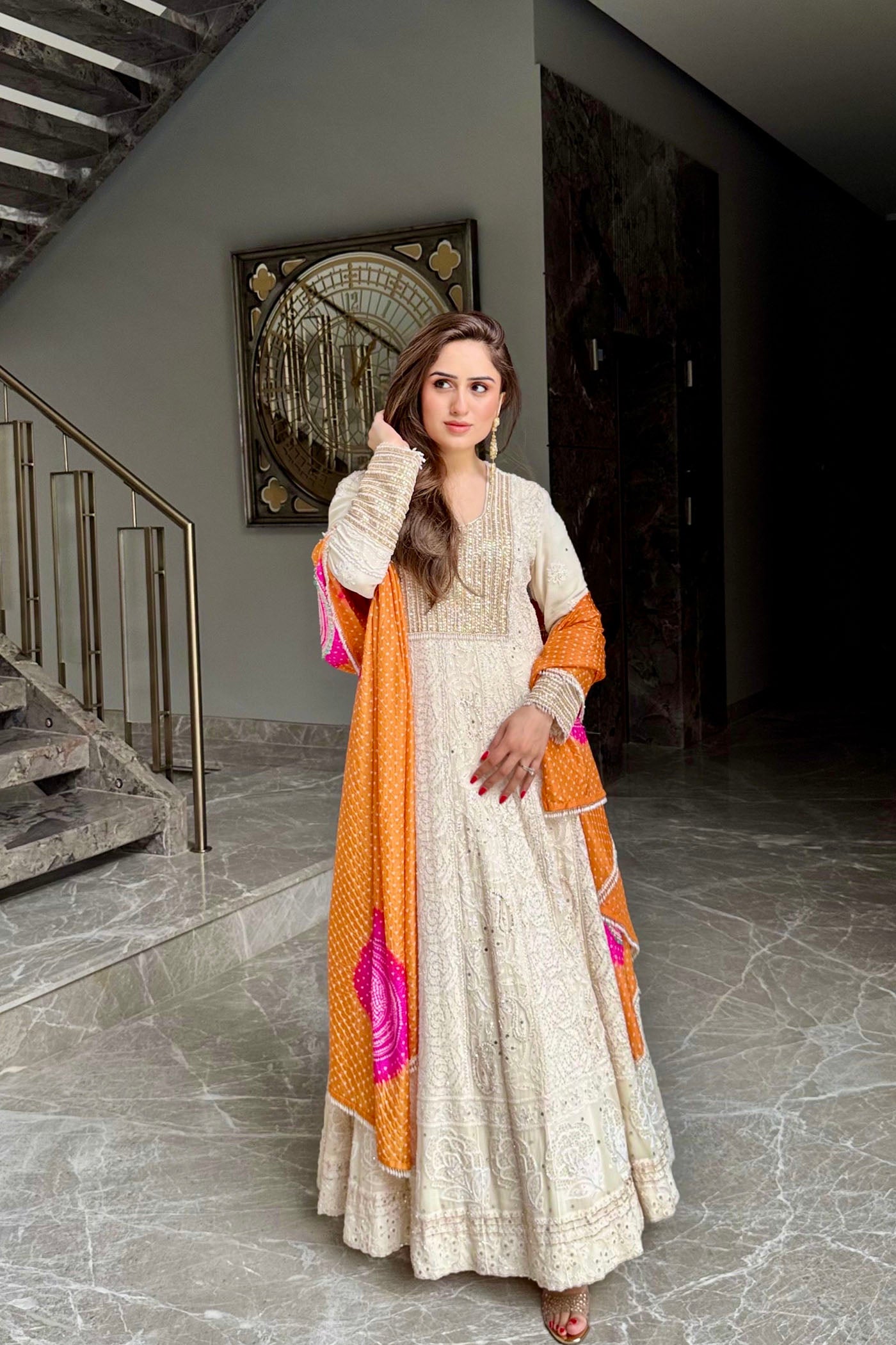Ivory Chikankari Mukaish Anarkali Set With Orange Bandhani Dupatta