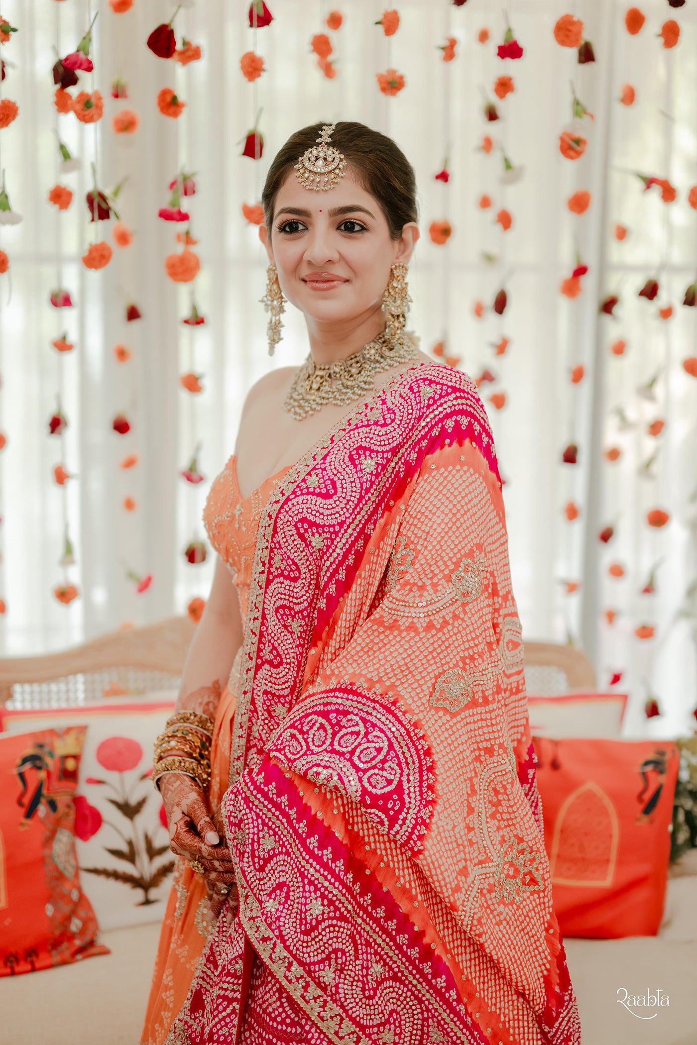 Orange Circle Bandhani Butta Work Gajji Silk Lehenga Set