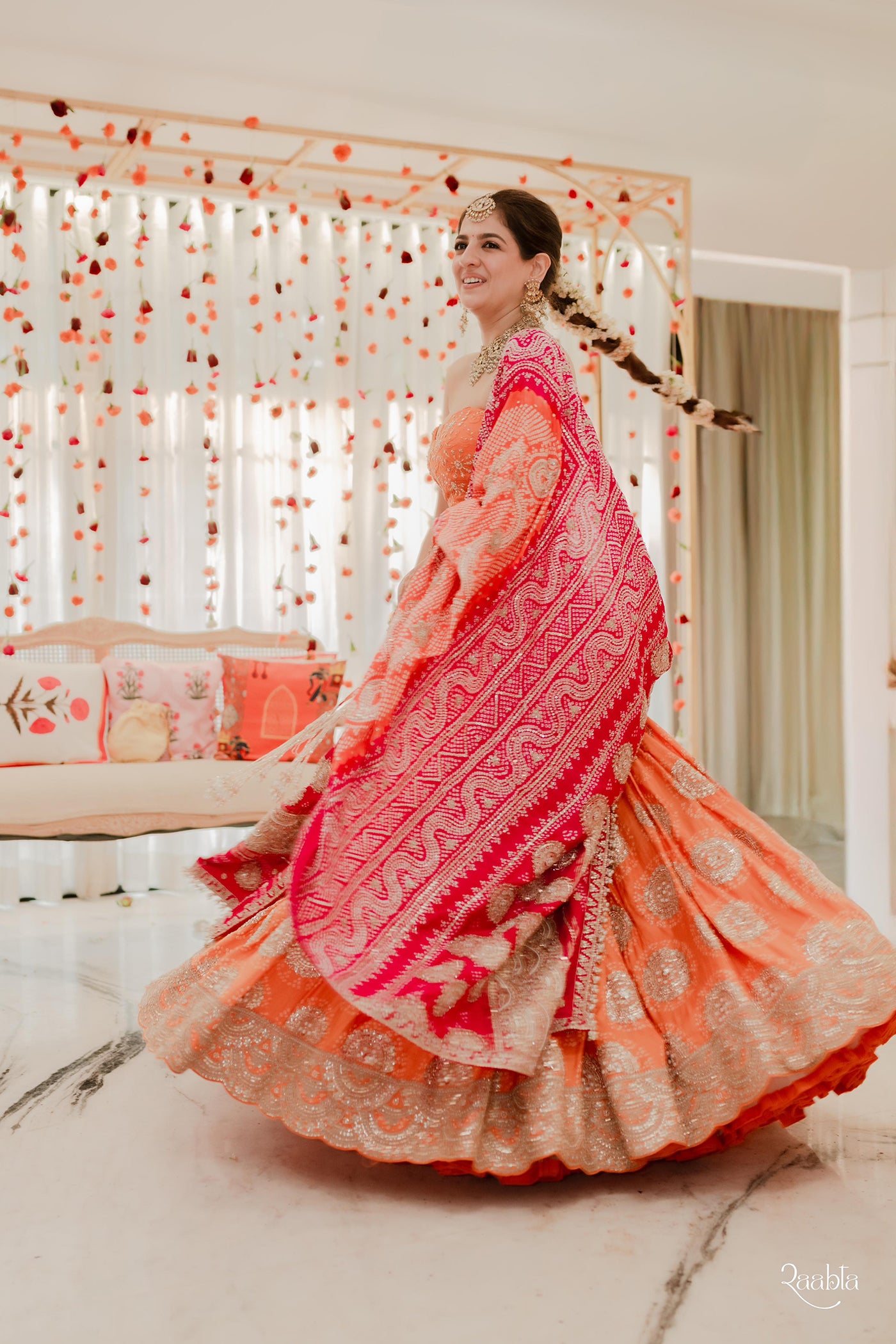 Orange Circle Bandhani Butta Work Gajji Silk Lehenga Set