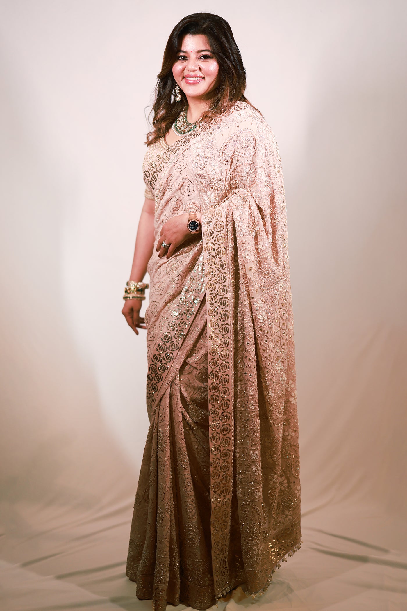 IVORY PINK OMBRE GEORGETTE CHIKANKARI SAREE SET
