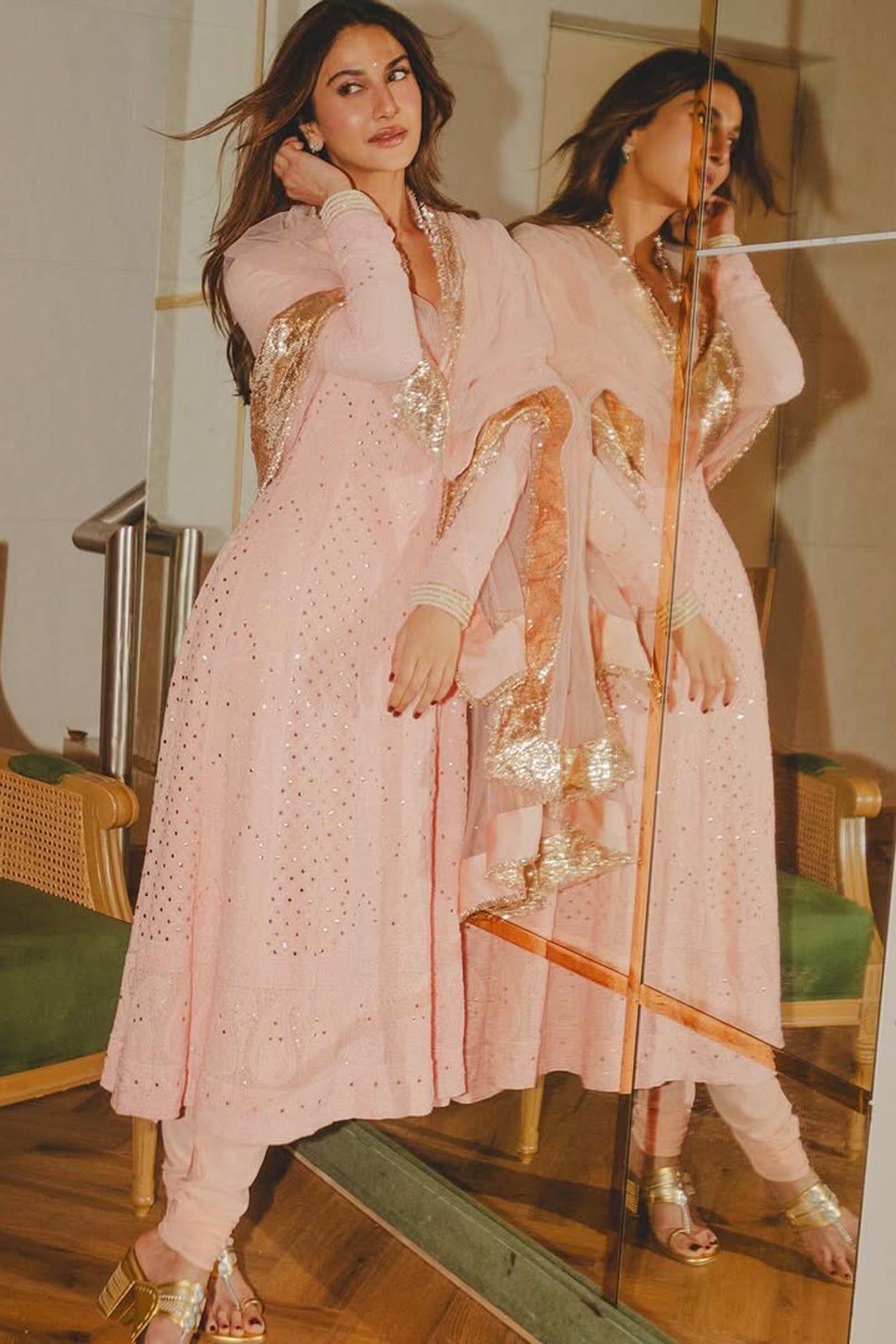 Blush Pink Chikan anarkali Set with net mukaish Dupatta