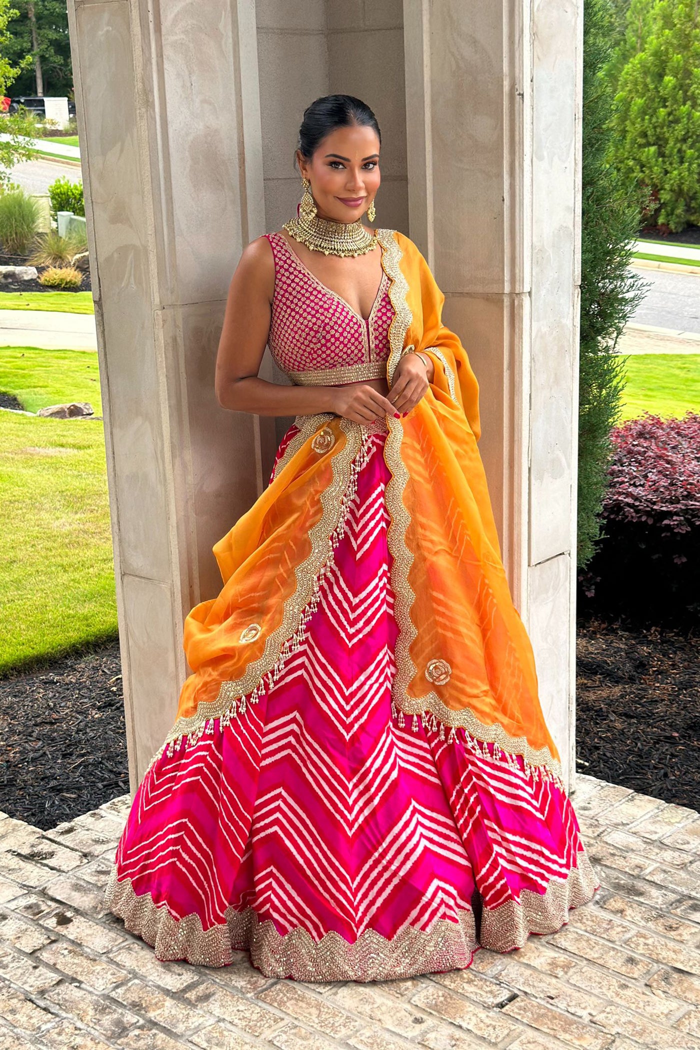 Leheriya Lehenga With Orange Organza Dupatta Set