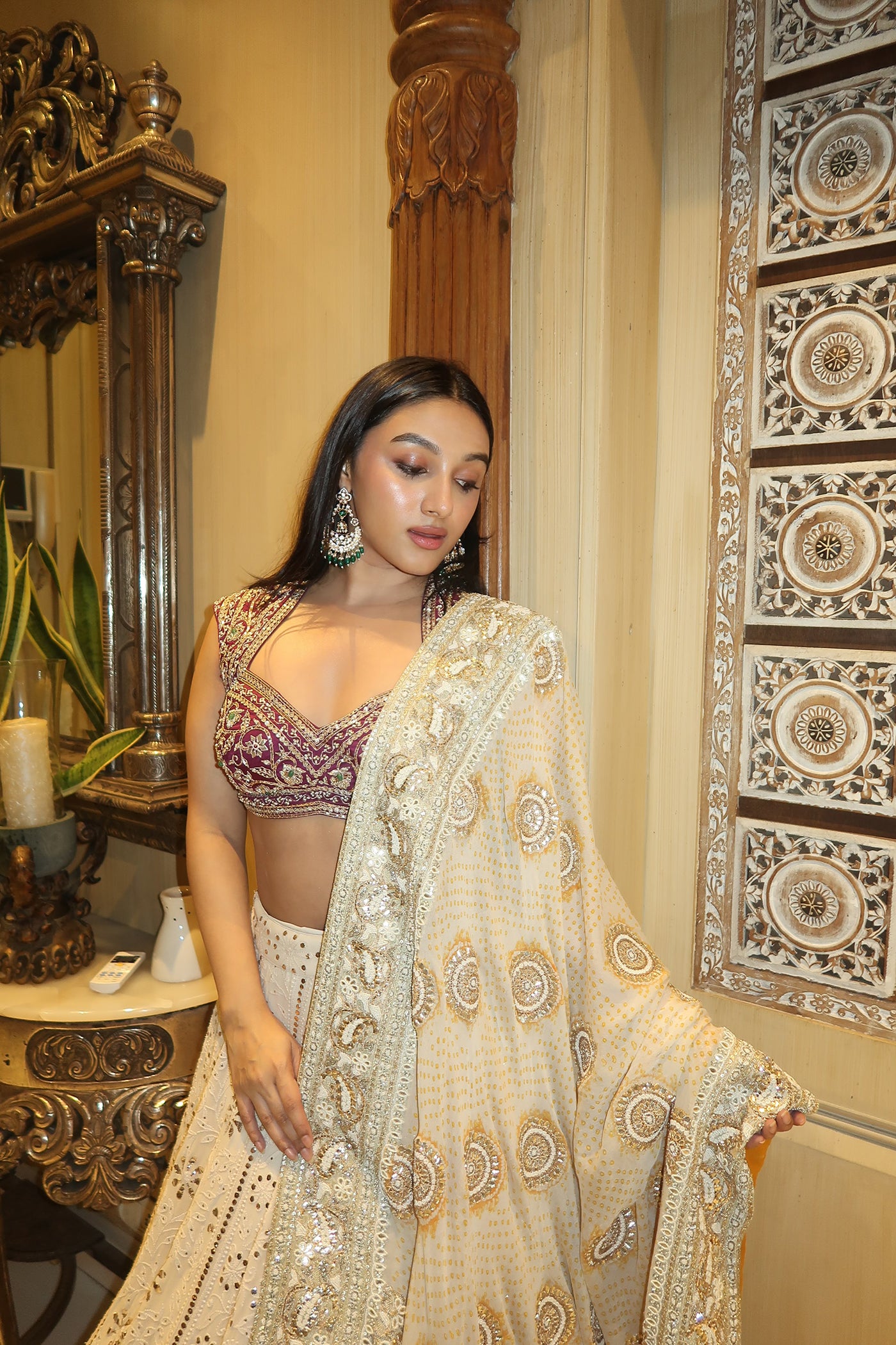 TANISHA IN Ivory Chikankari Lehenga with Ivory Bandhani Dupatta