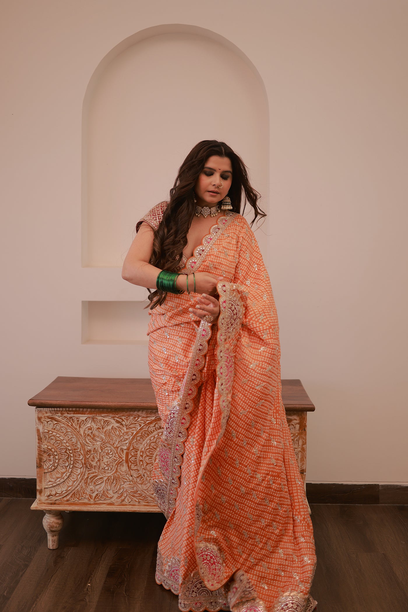 Orange Gajji Silk Bandhani Saree Set