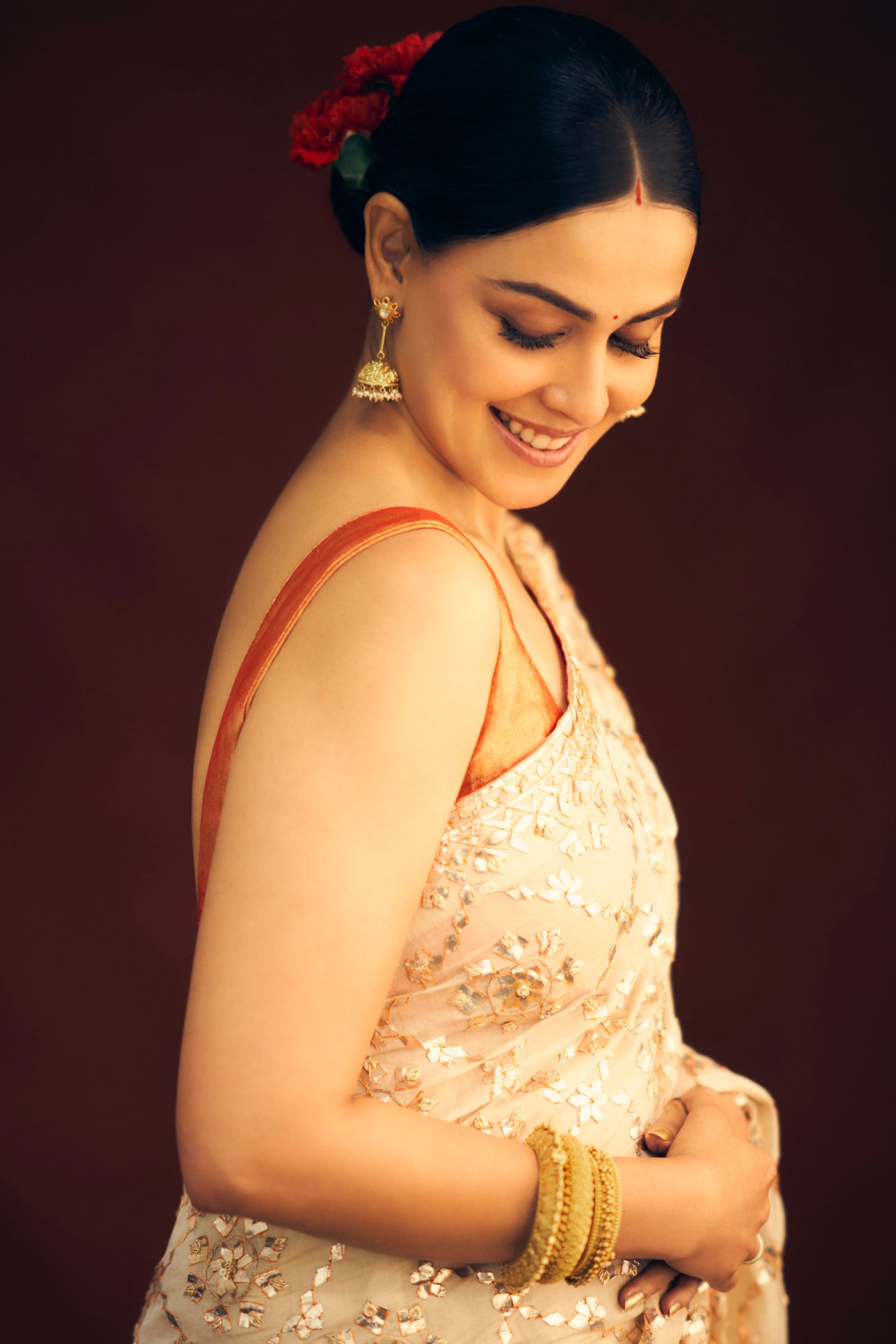 Beige Embroidered Saree Set