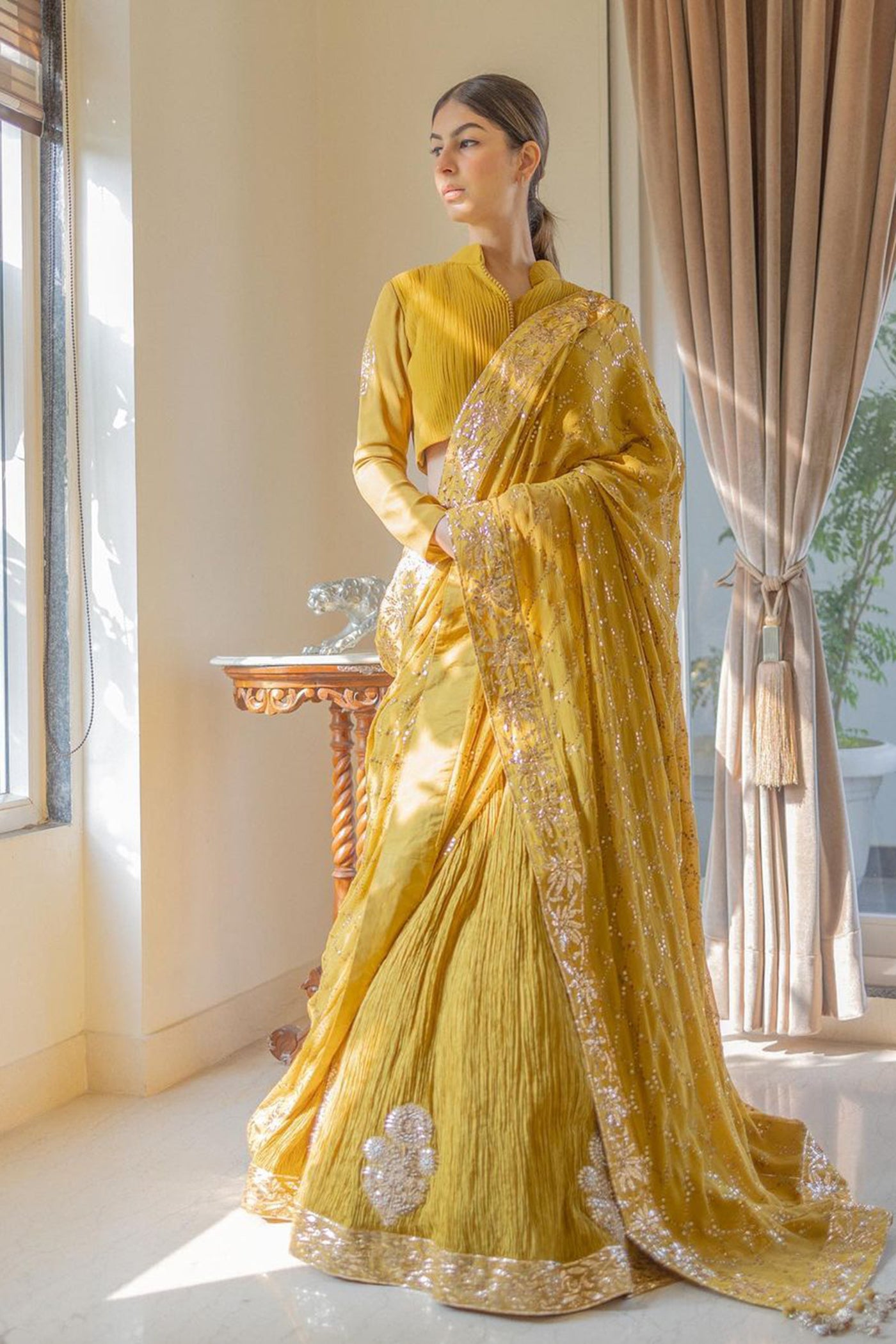 Olive Green Crushed Silk Lehenga Saree Set