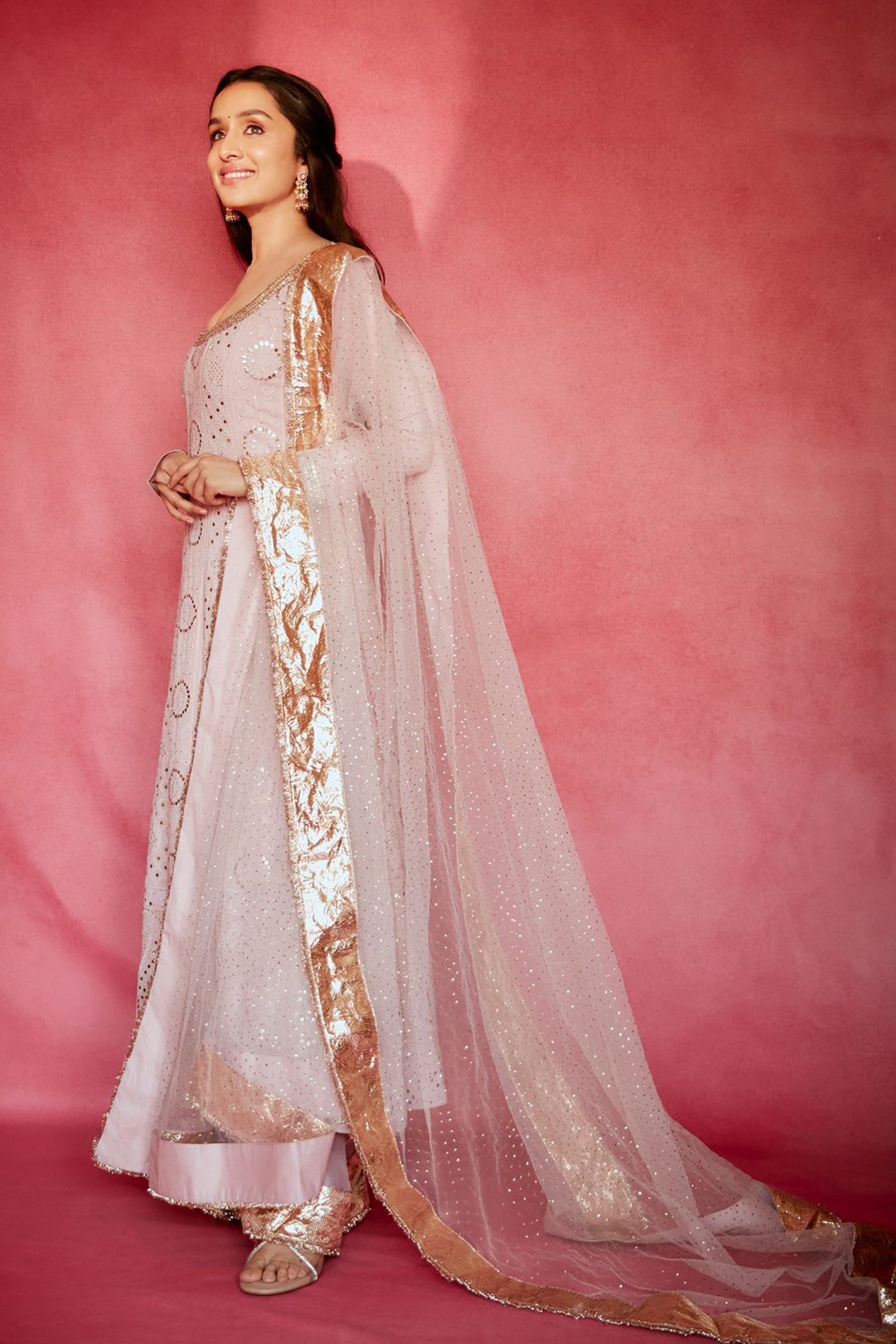 Blush Pink Chikan anarkali Set with net mukaish Dupatta