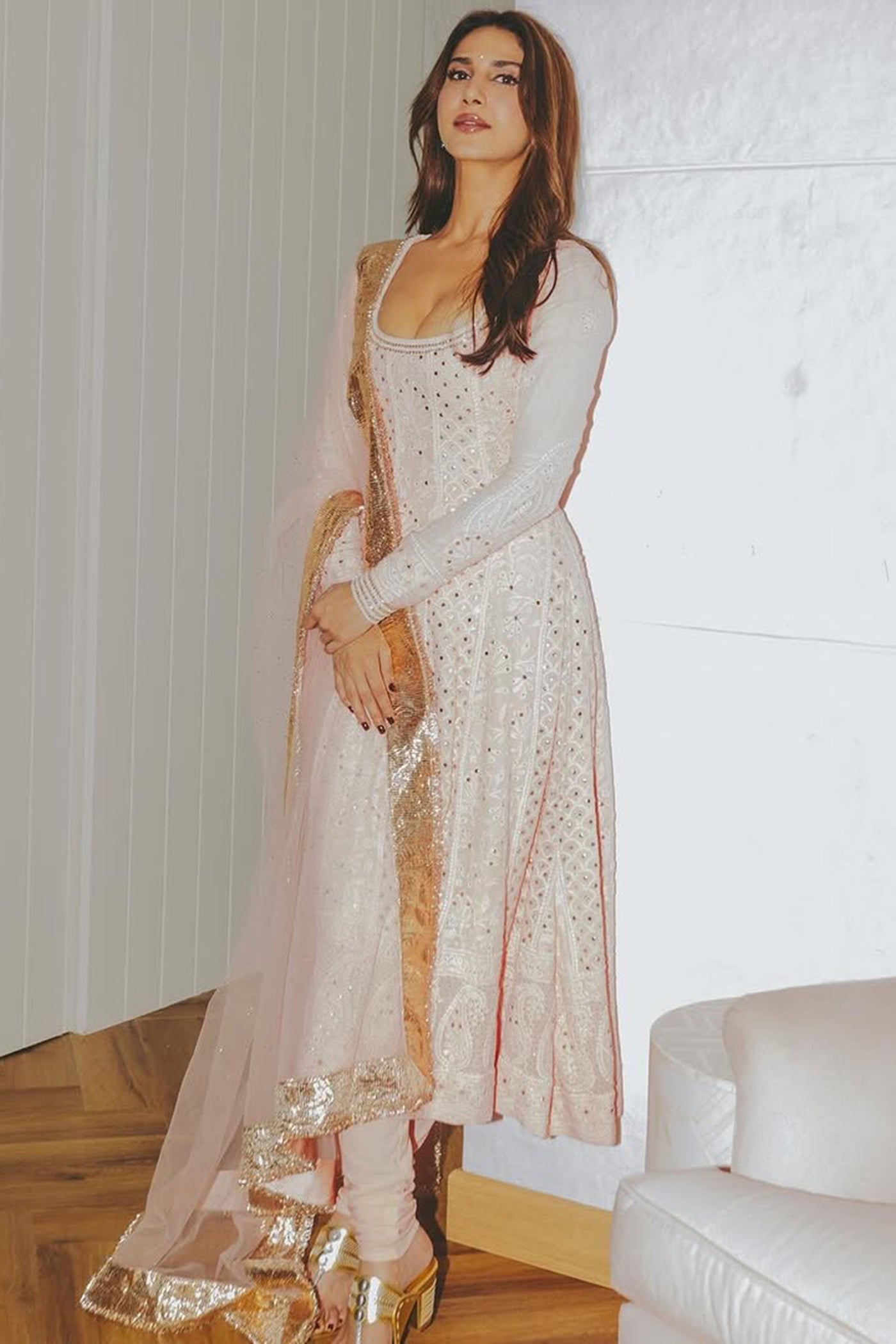Blush Pink Chikan anarkali Set with net mukaish Dupatta