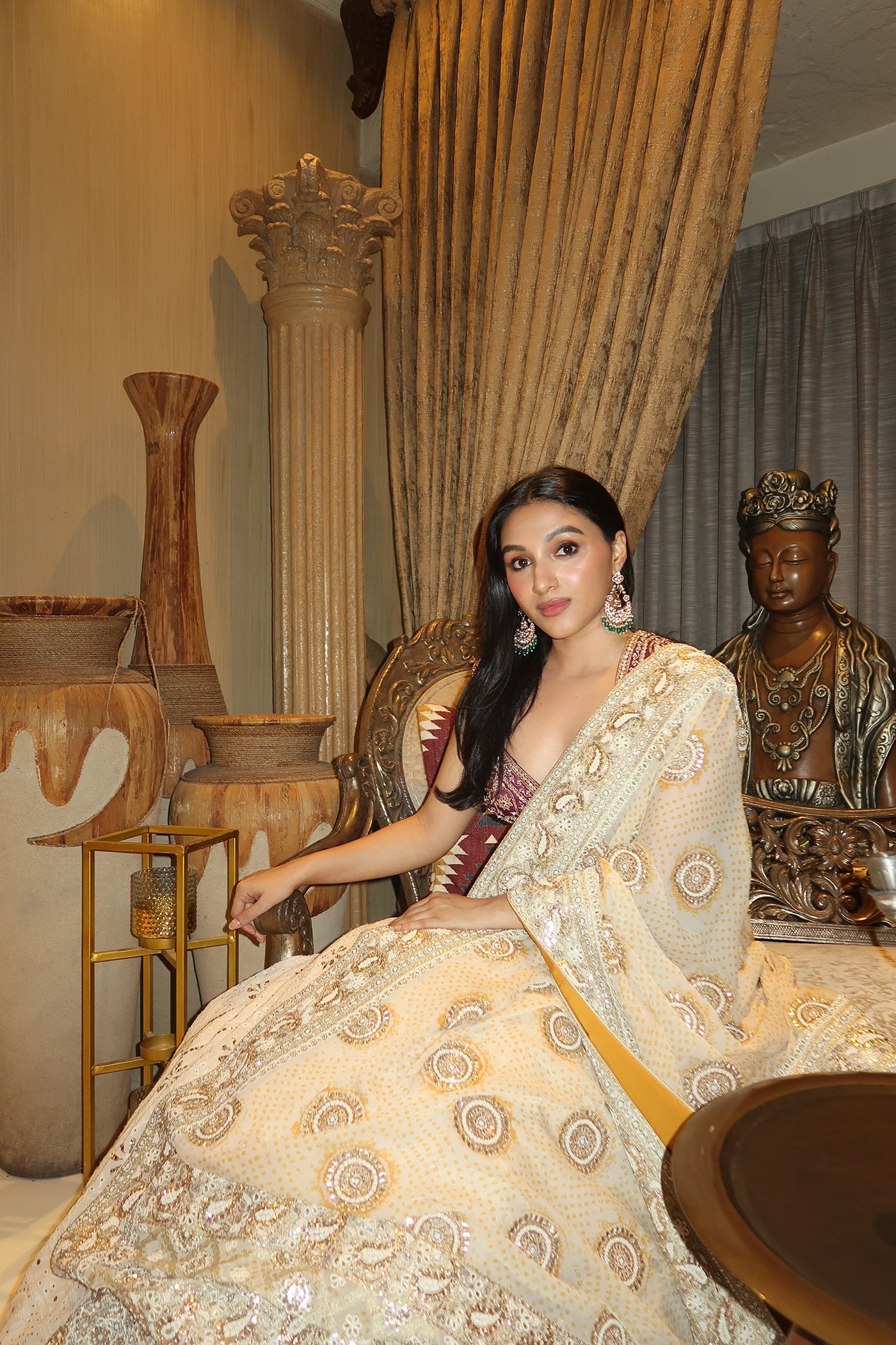 TANISHA IN Ivory Chikankari Lehenga with Ivory Bandhani Dupatta