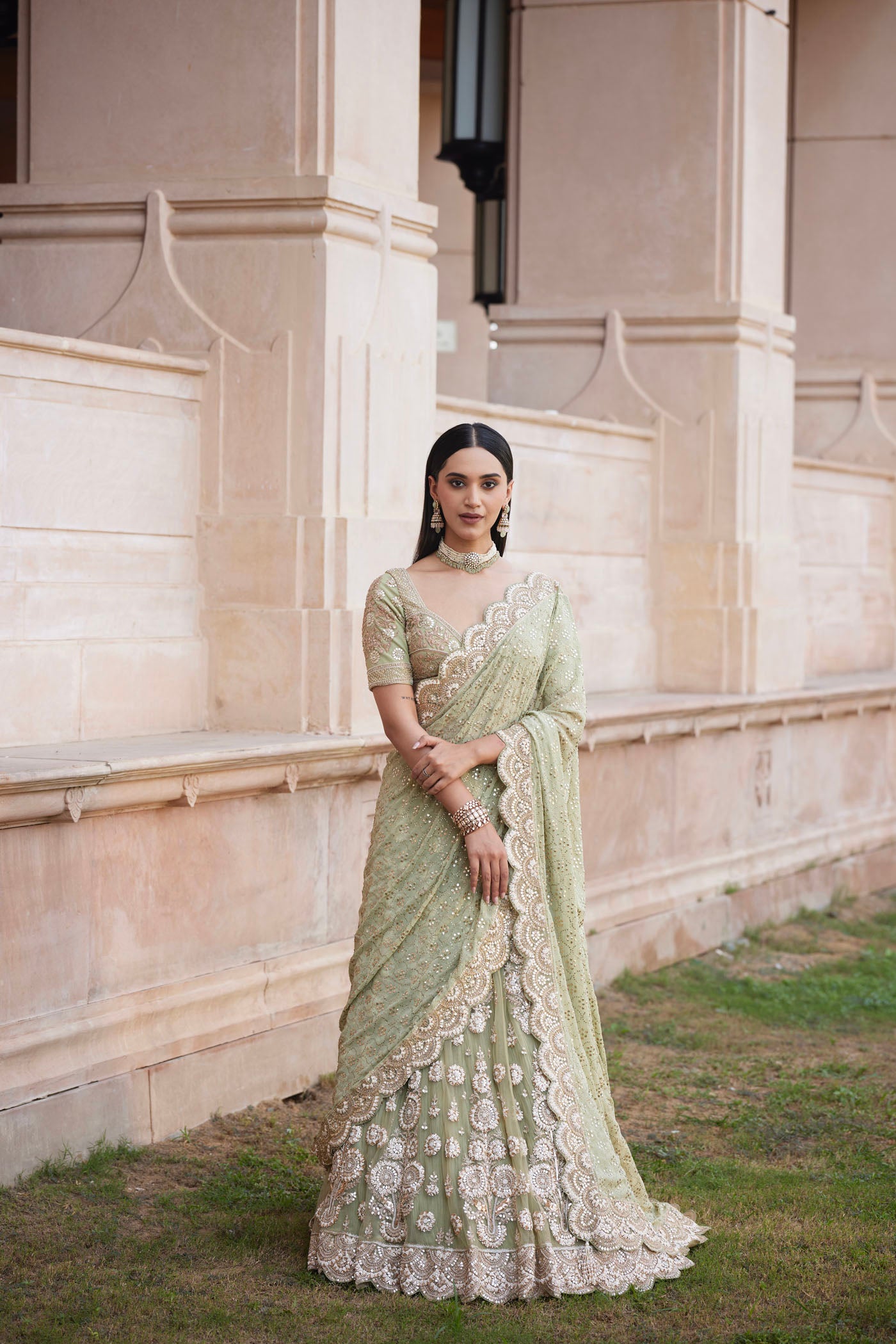 Mint green lehenga saree set