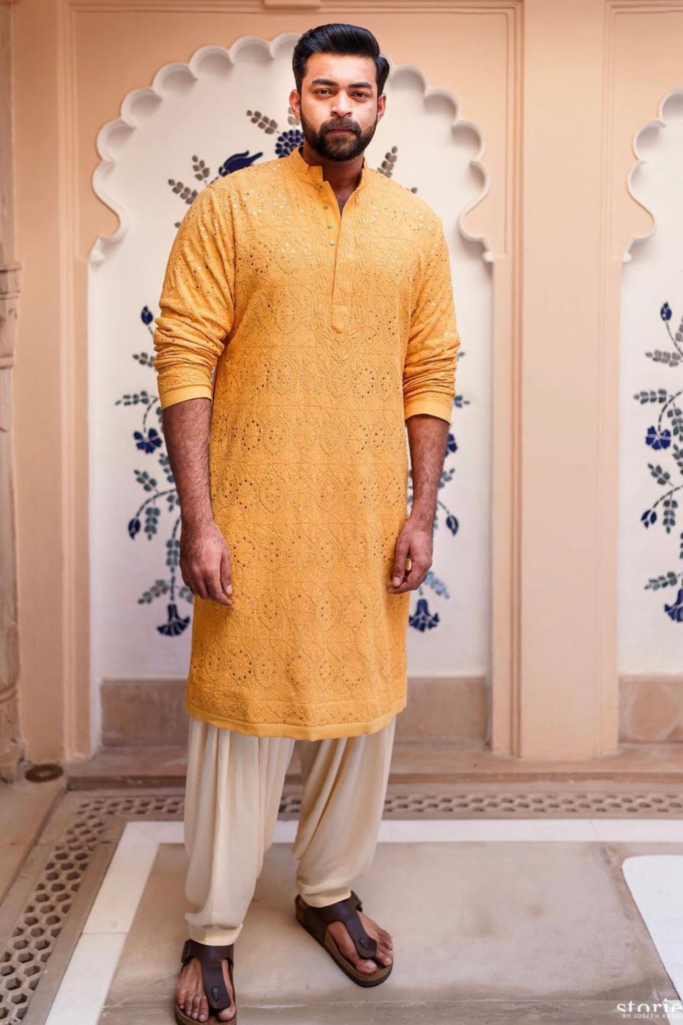 Mustard Chikan Embroidered Kurta Set