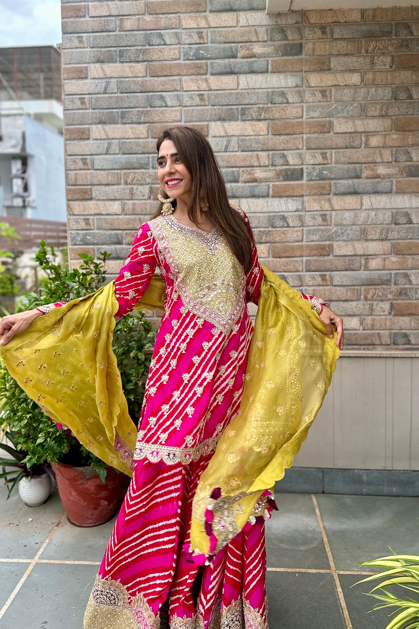 Red And Pink Silk Leheriya Sharara Set With Mustard Green Organza Dupatta