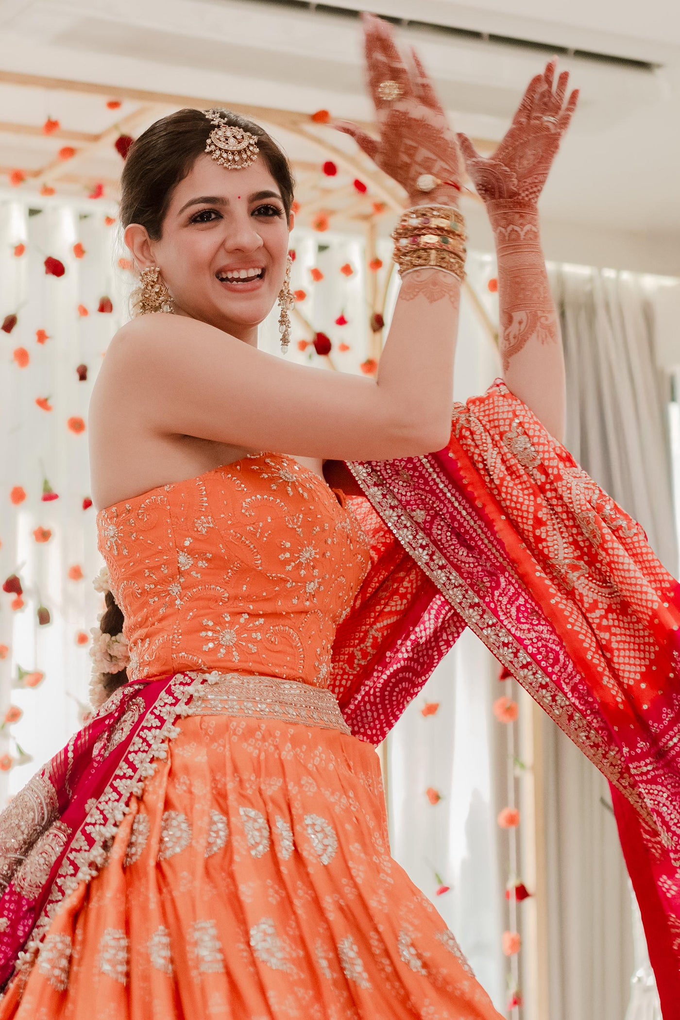 Orange Circle Bandhani Butta Work Gajji Silk Lehenga Set