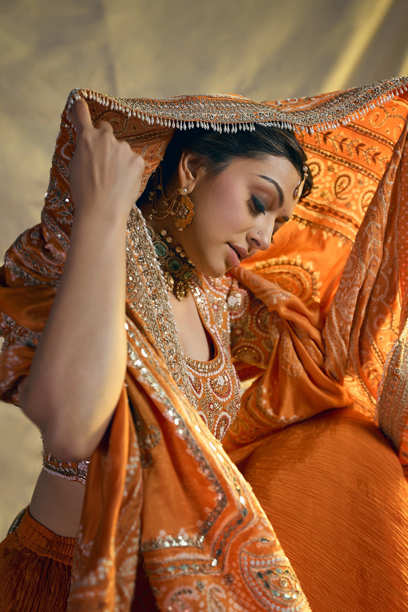 BURNT ORANGE CRUSHED SILK LEHENGA SET