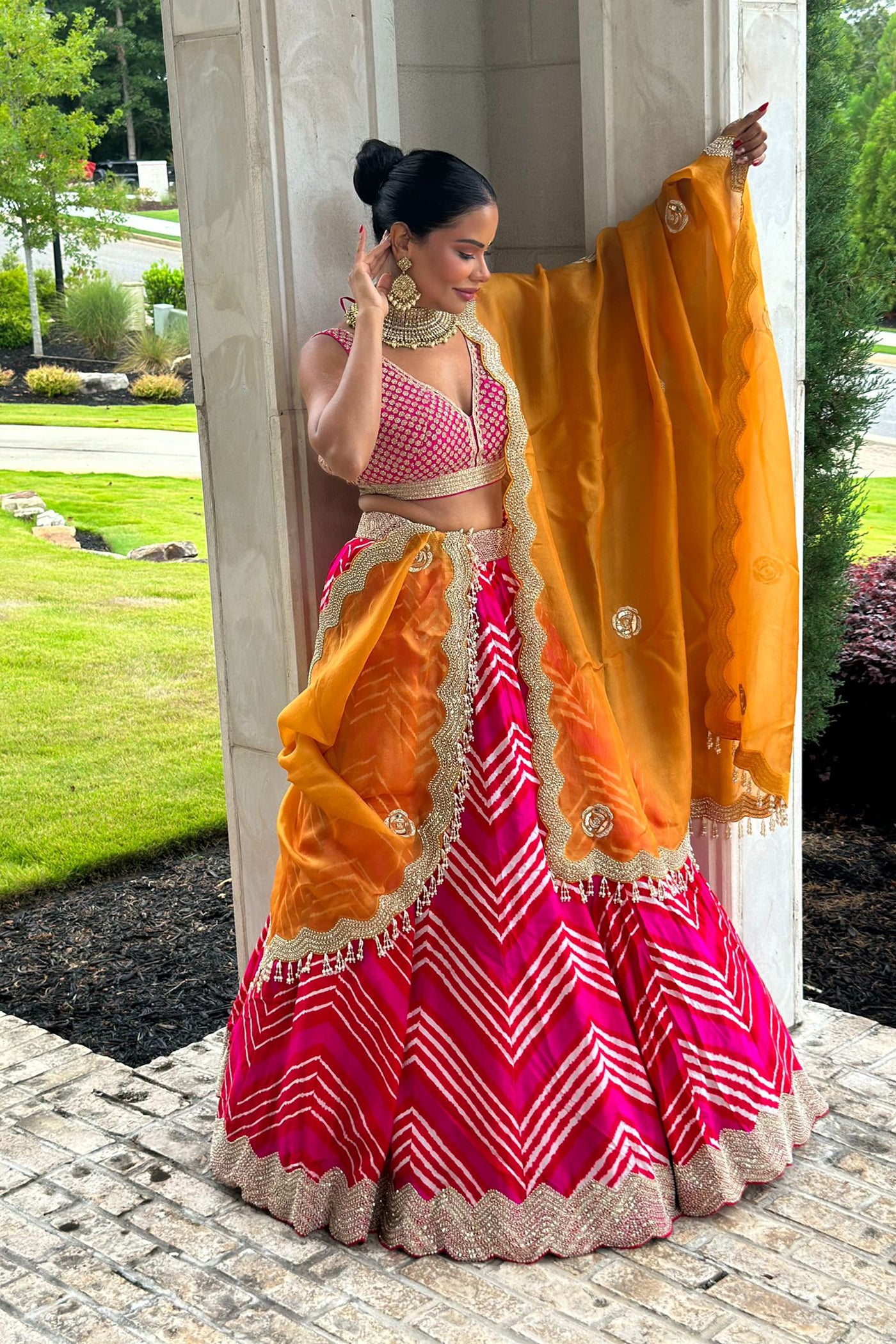 Leheriya Lehenga With Orange Organza Dupatta Set