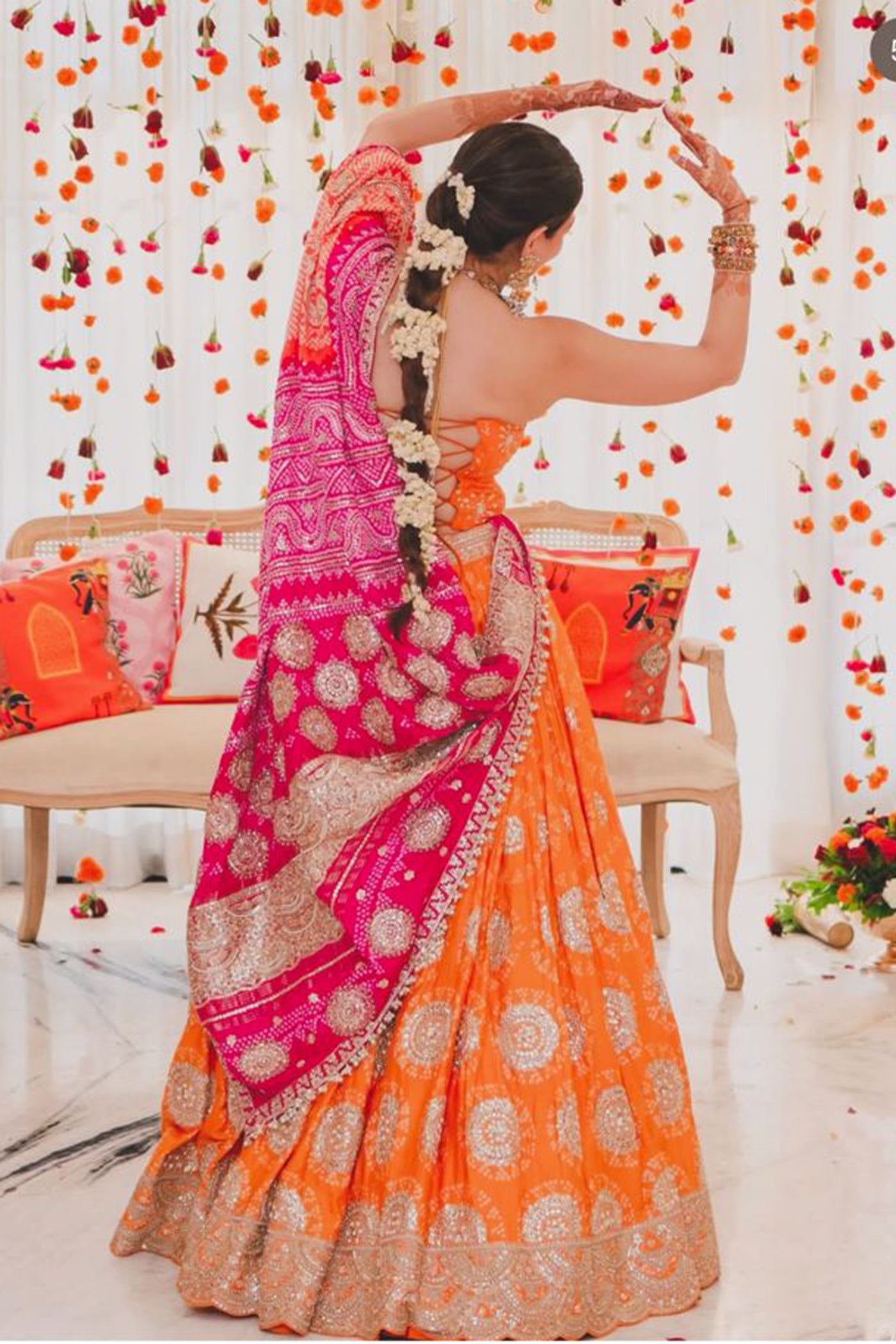 Orange Circle Bandhani Butta Work Gajji Silk Lehenga Set