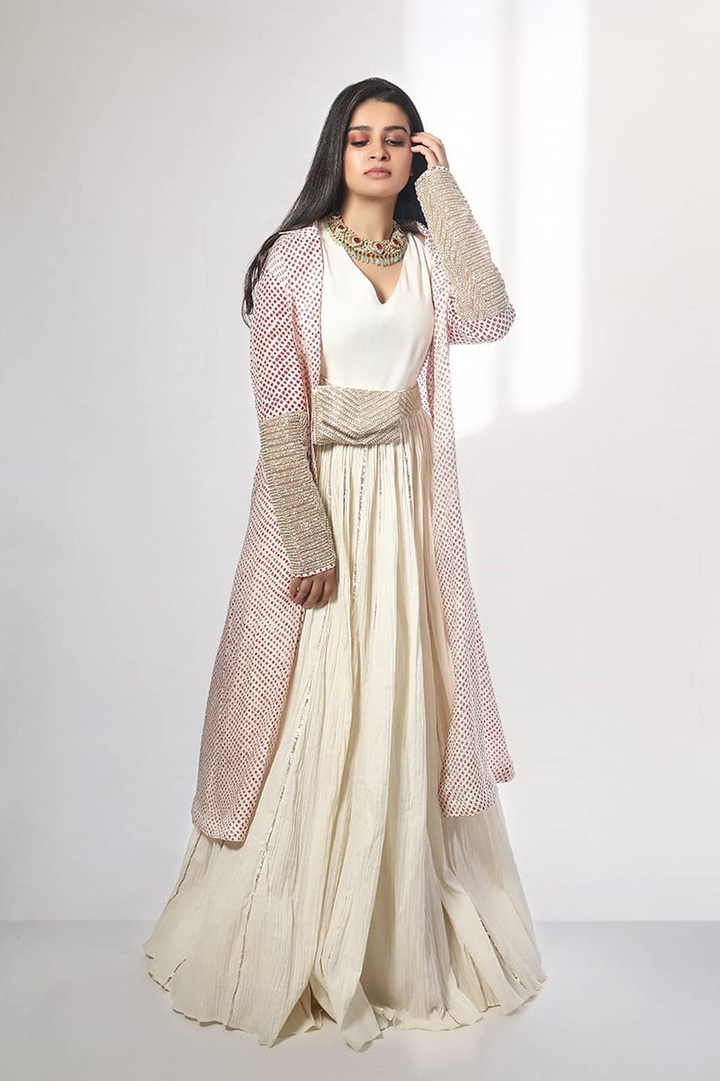 White Bandhani Jacket With Inner