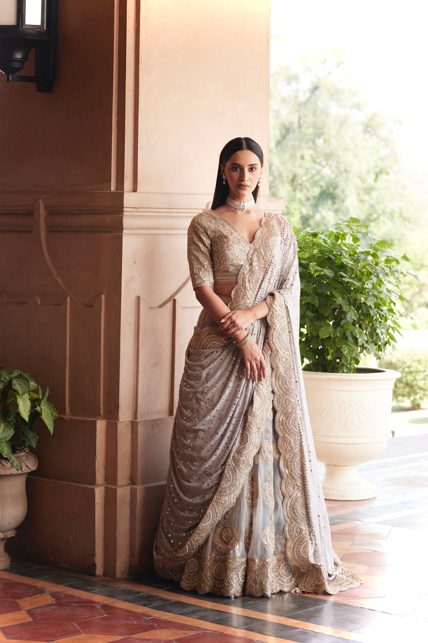 Grey Embroidered Lehenga Saree Set