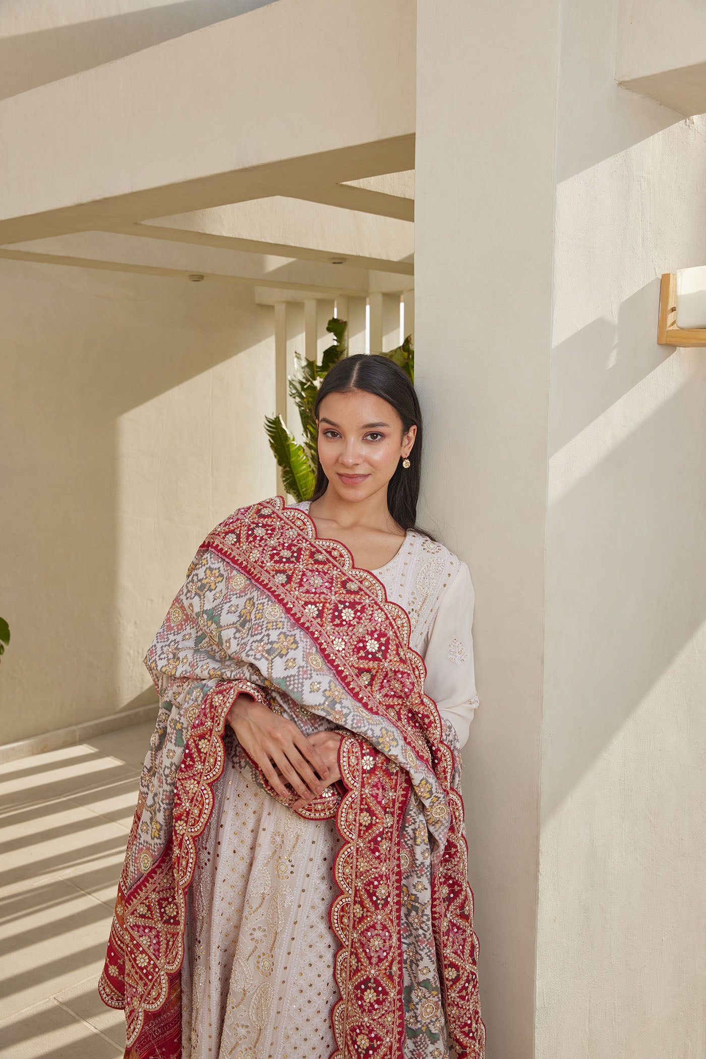 Ivory Chikankari Anarkali Set With Patola Dupatta