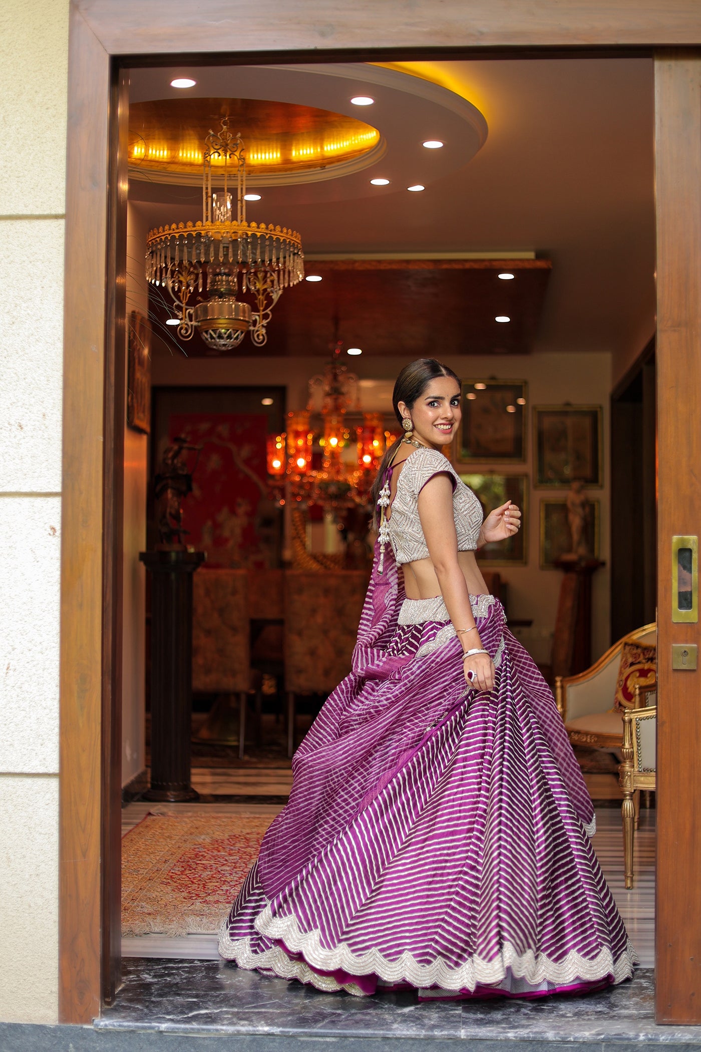 Purple Organza Leheriya Lehenga Set