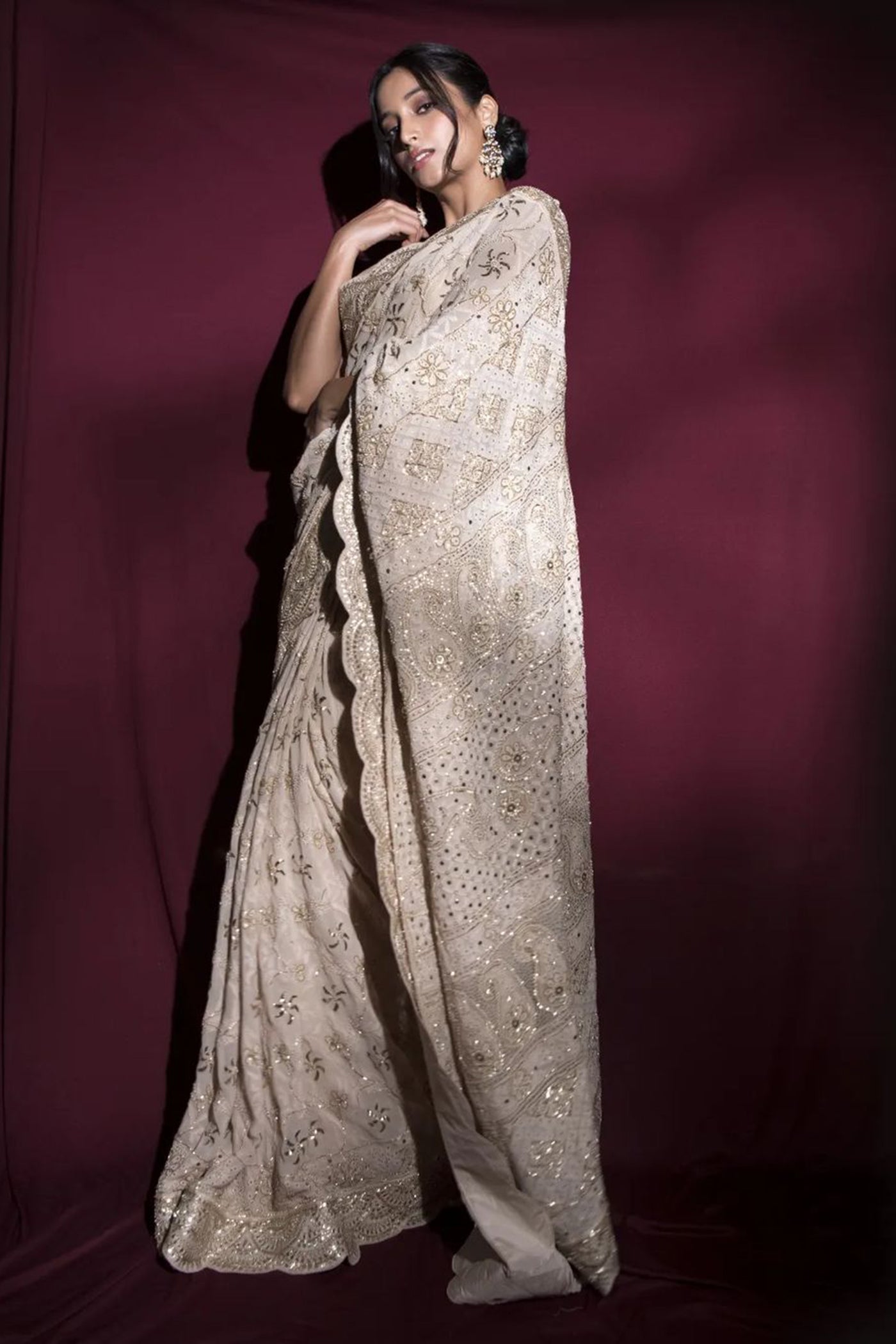 Ivory Embroidered Chikankari Saree