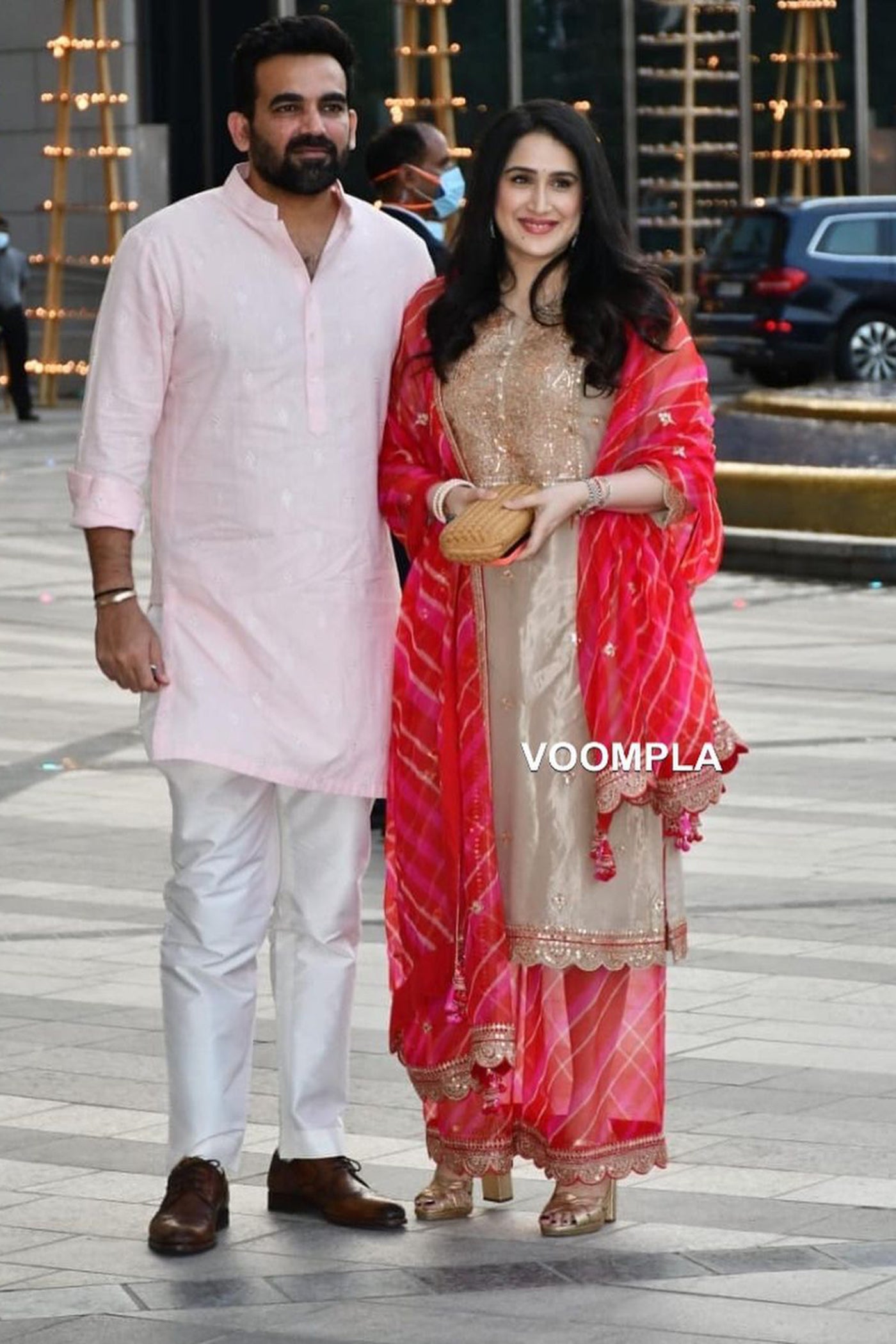 golden Embroidered Kurta Set with Red-Pink leheriya Dupatta
