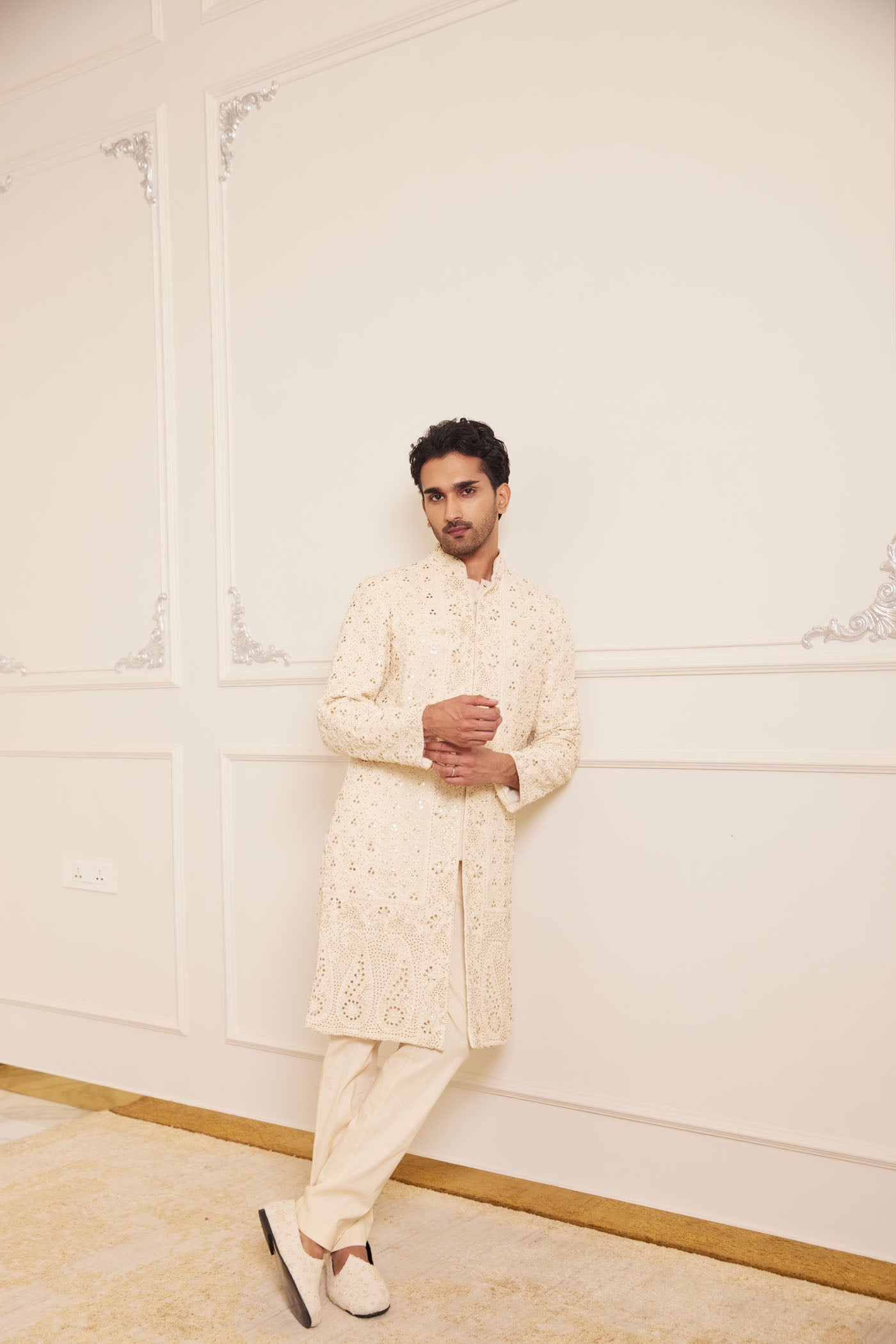 Ivory chikankari sherwani